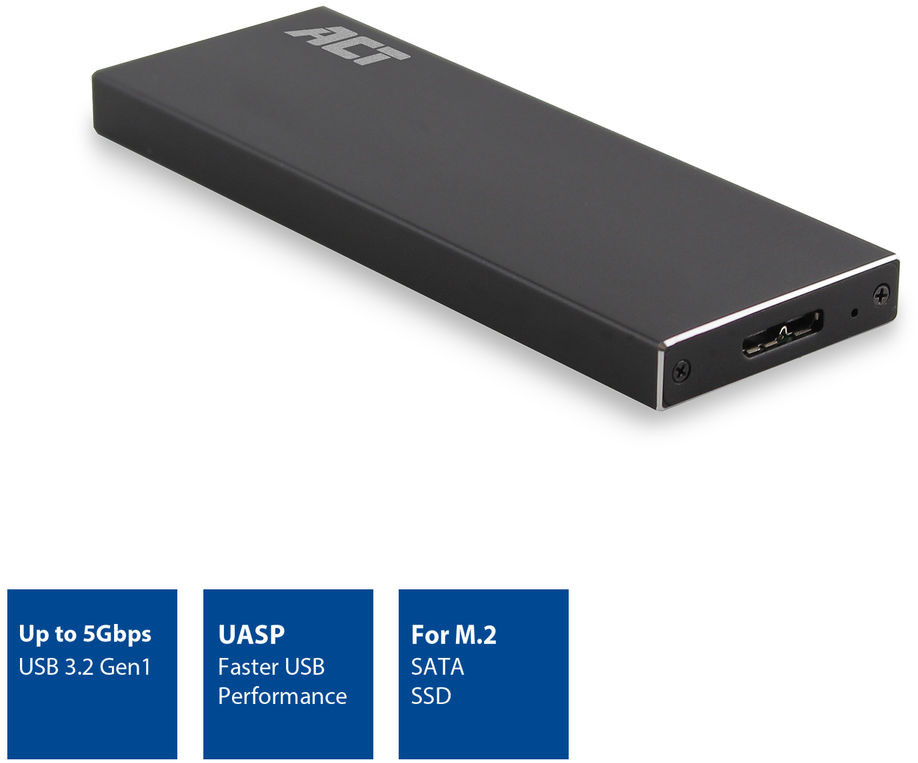 Een zwarte externe SSD in een behuizing met het woord ACT erop.