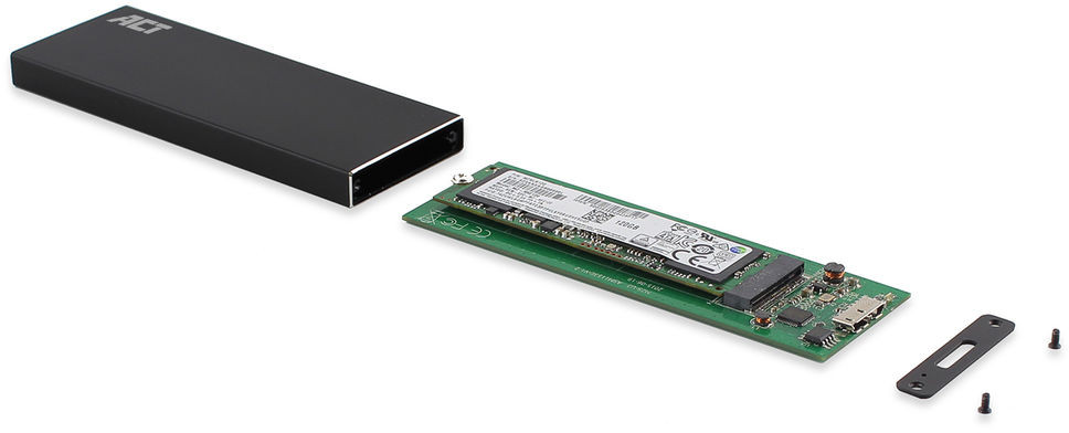 SSD gedemonteerd, met de componenten van de drive en een behuizing.