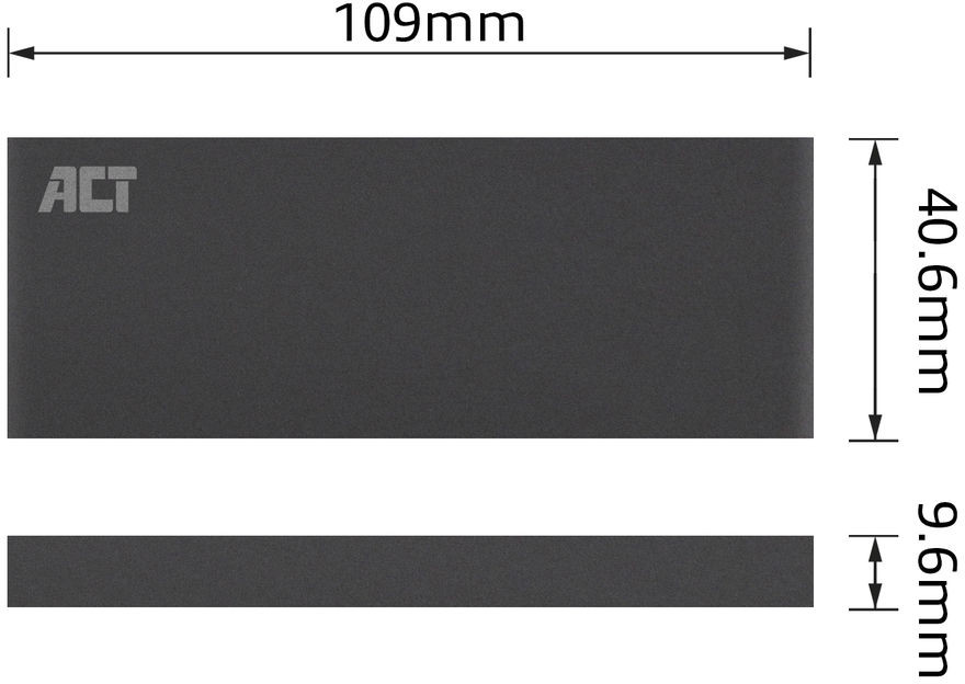 Zwarte rechthoek met ACT-logo, afmetingen 109mm x 40,6mm x 9,6mm.