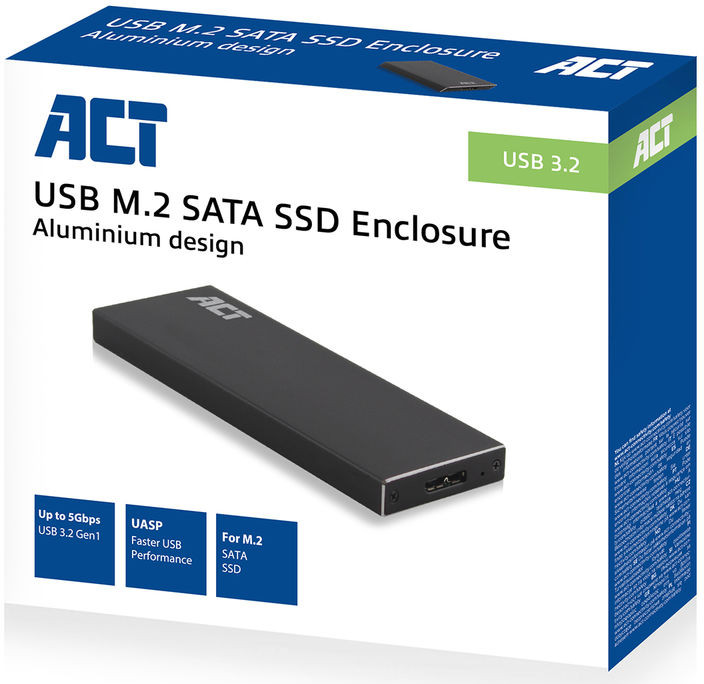 Doos van een zwarte USB M.2 SATA SSD Enclosure, met de productnaam erop.