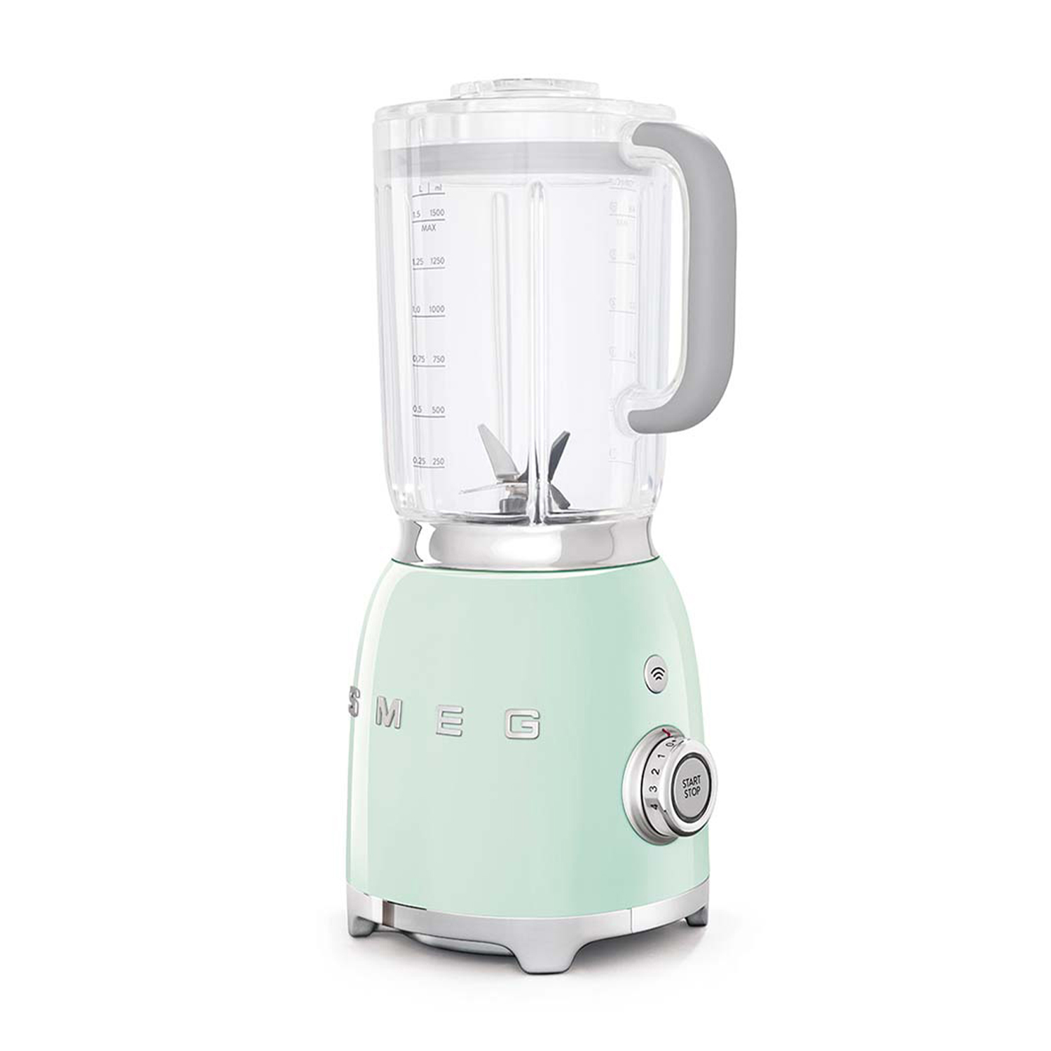 Frullatore verde menta con caraffa trasparente, manico grigio e quadrante start/stop su sfondo bianco.