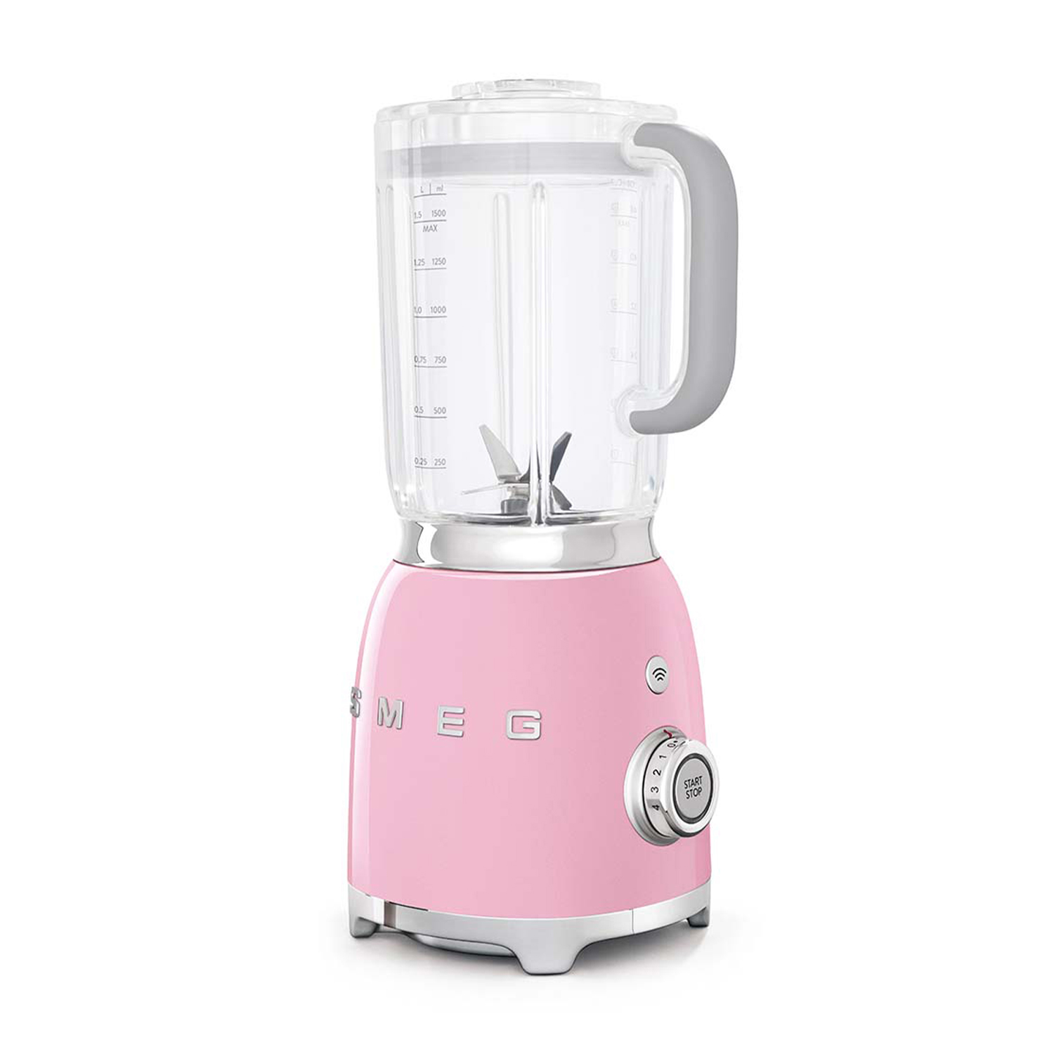 Frullatore Smeg rosa con contenitore trasparente e quadrante.