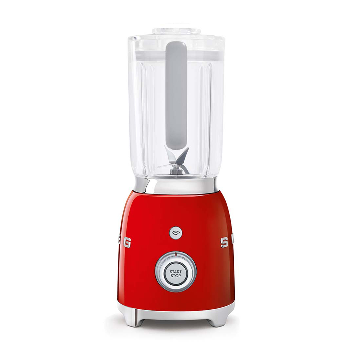 Frullatore SMEG rosso, sfondo bianco, con pulsante start/stop.