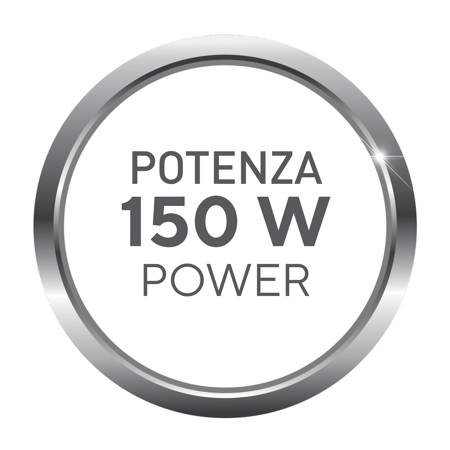 Un cerchio argentato con la scritta 'POTENZA 150 W POWER' in grassetto nero.