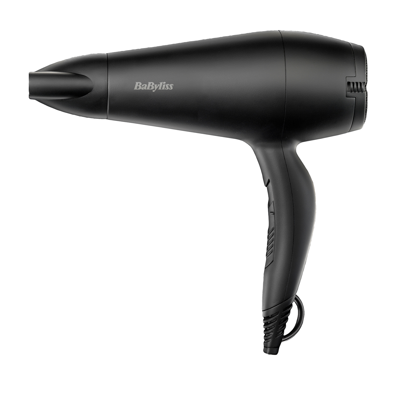 Asciugacapelli Babyliss nero su sfondo bianco.
