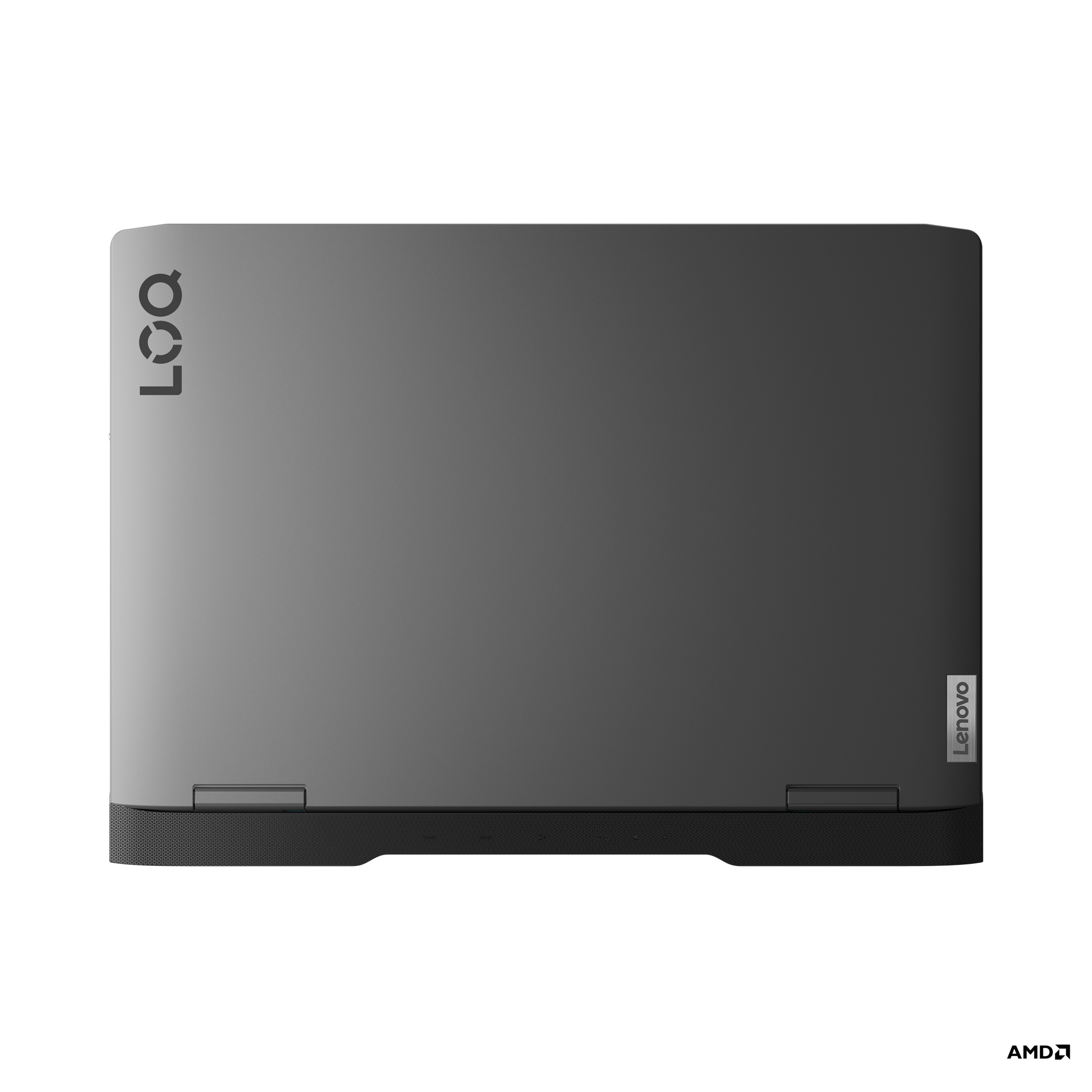 Yukarıdan kapalı dizüstü bilgisayar. Koyu gri renk, sol üstte Lenovo logosu.