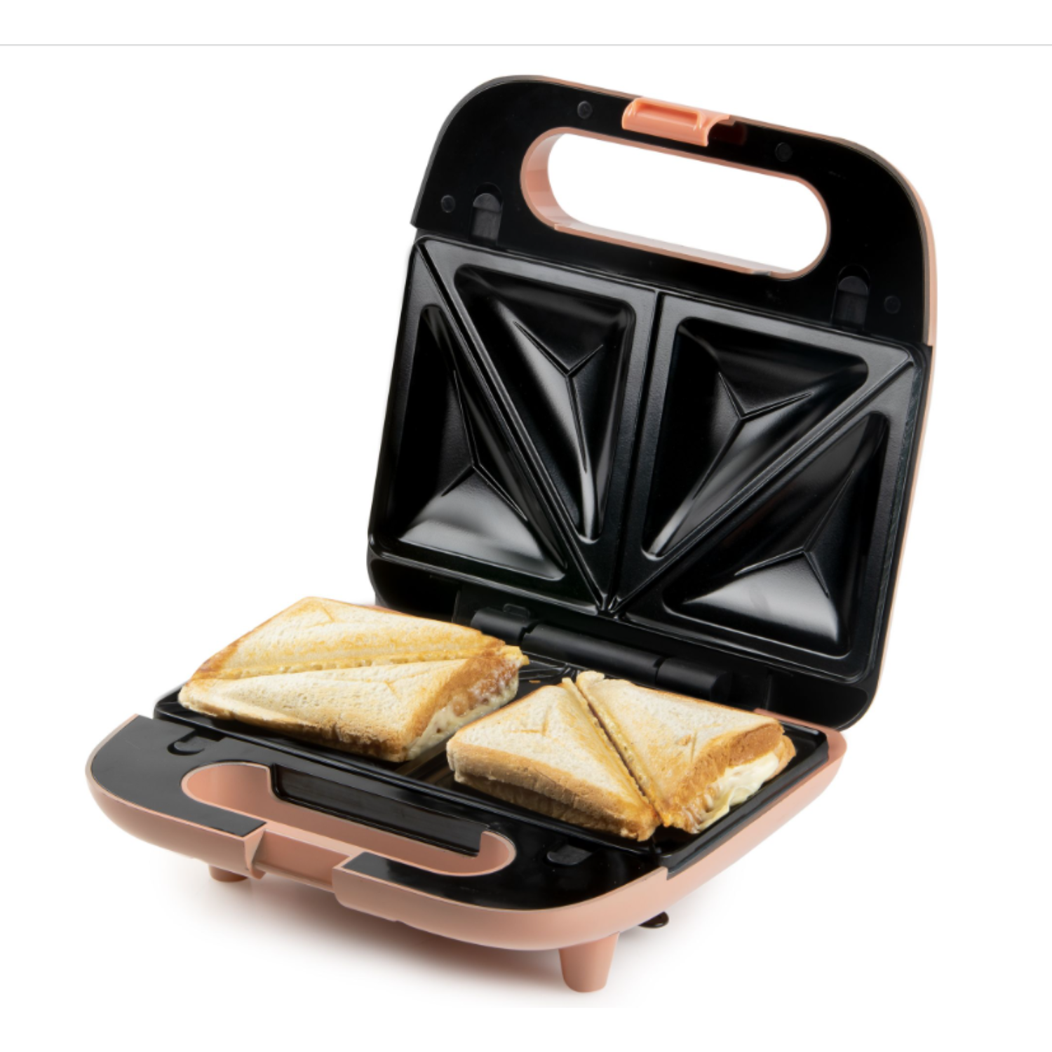 Un appareil à sandwich rose et noir ouvert avec deux sandwichs grillés à l'intérieur.