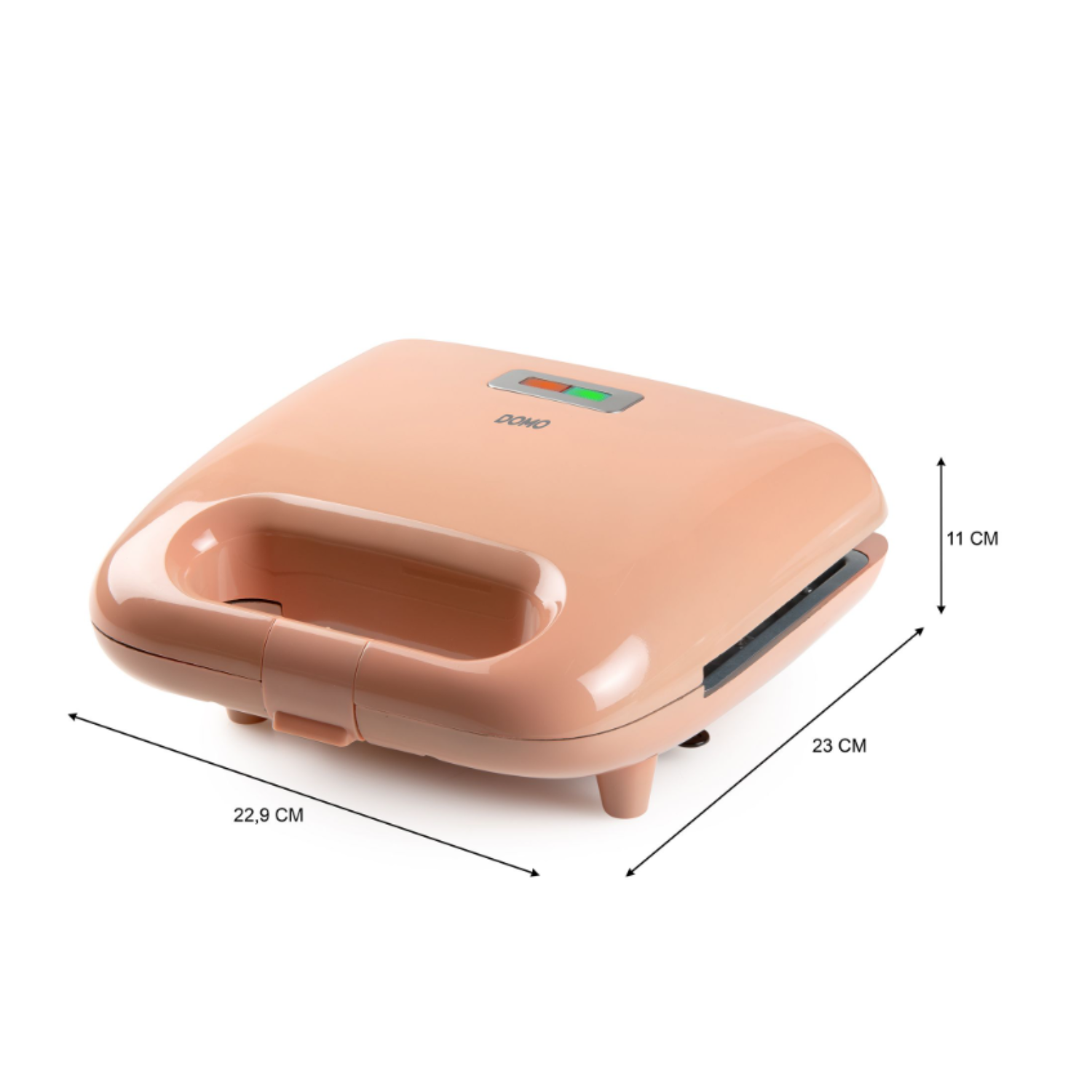 Sandwichera rose avec dimensions. Vue ouverte avec voyants et dimensions, prête à cuisiner.