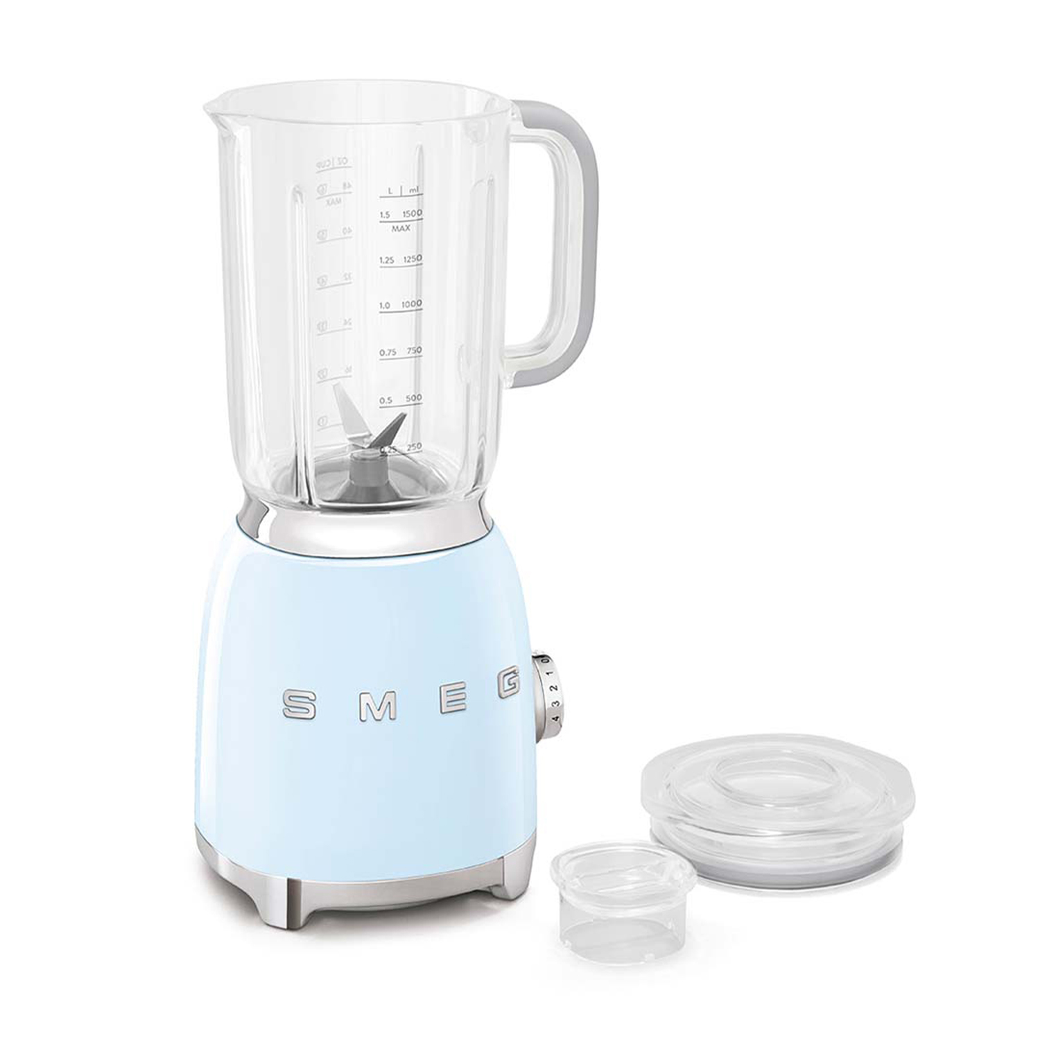 Un frullatore azzurro con caraffa e coperchio trasparenti, con quadrante frontale e base argentata.