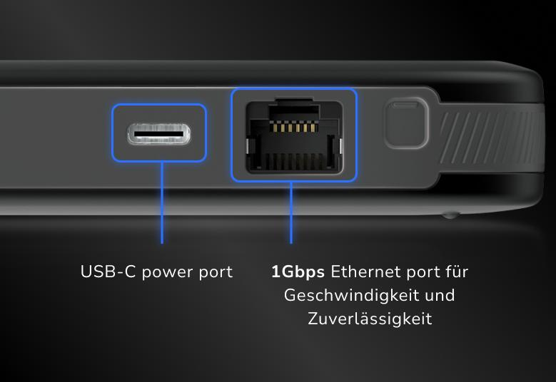 Gros plan d'un appareil noir avec ports. Affiche port USB-C et Ethernet 1 Gbit/s.