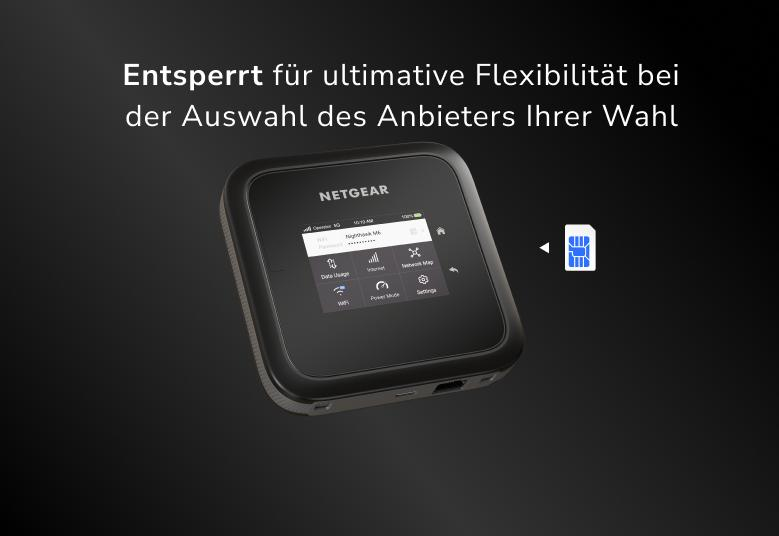 Un appareil Netgear noir avec un écran. Une icône de carte SIM bleue à droite. Texte en allemand.