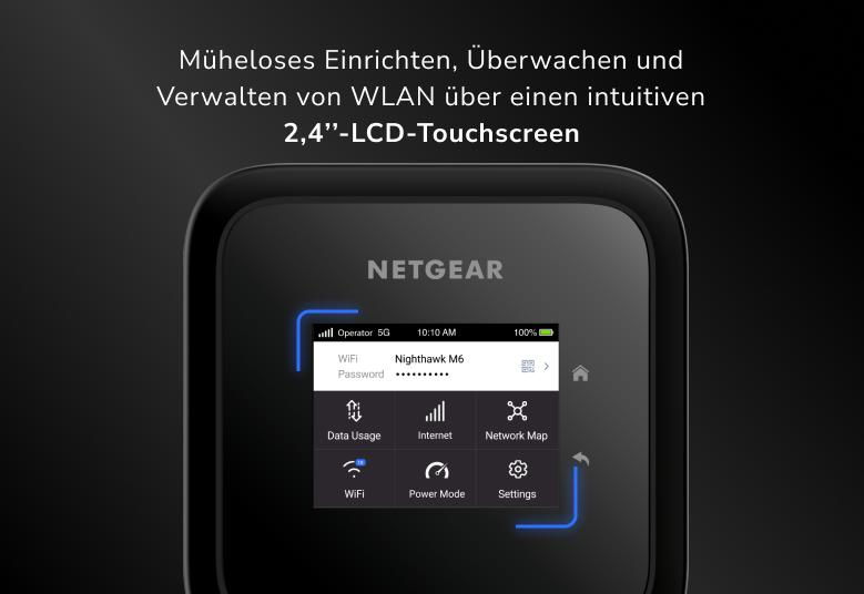Un routeur NETGEAR noir avec un écran affichant un mot de passe Wi-Fi et des options de paramètres, sur fond sombre.
