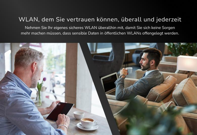 Deux personnes utilisant des tablettes et des ordinateurs portables dans un cadre moderne. Texte en allemand sur le WLAN sécurisé.