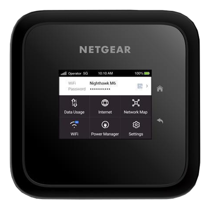 Netgear Nighthawk M6 noir. L'écran affiche le Wi-Fi, Internet, l'utilisation des données et les paramètres.