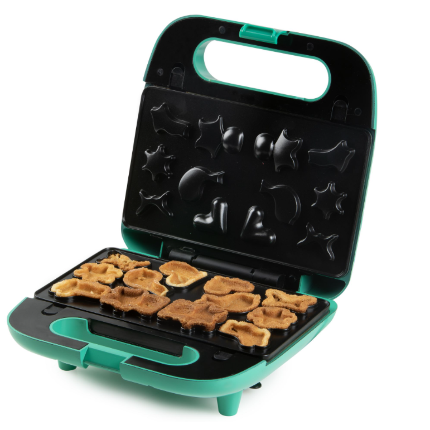 Open waffle maker with cooked waffles in various shapes. Green and black.