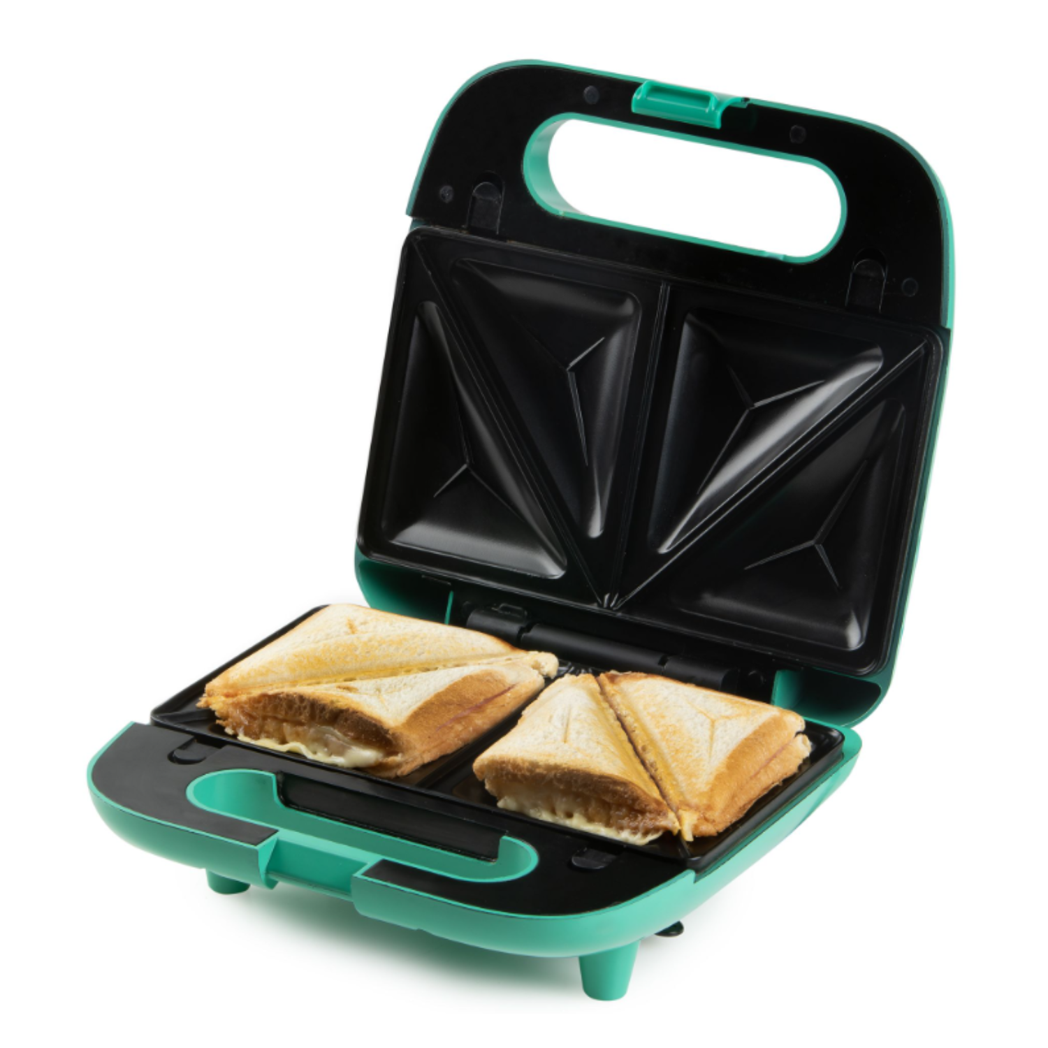 An open sandwich maker with two cooked sandwiches inside.