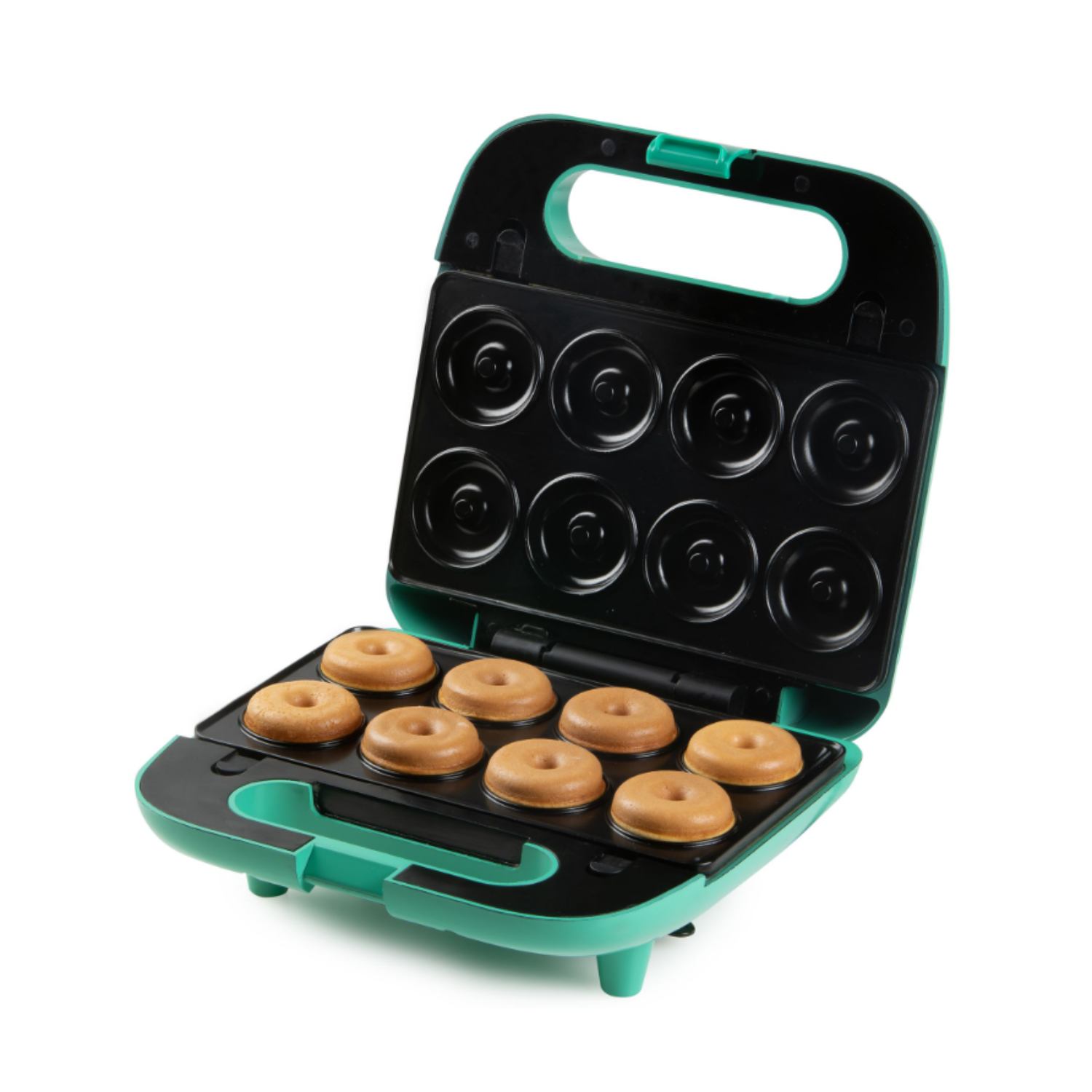 A teal donut maker opened with eight donuts inside on a white background.