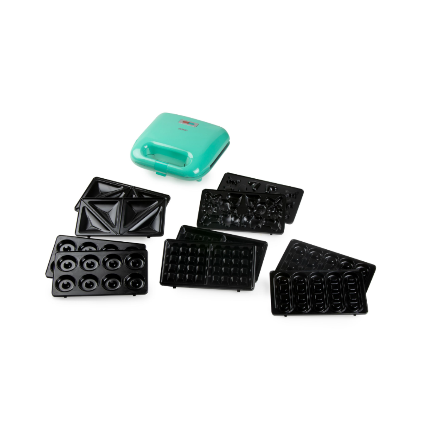 A green waffle maker with interchangeable plates. Plates are for different waffle shapes.