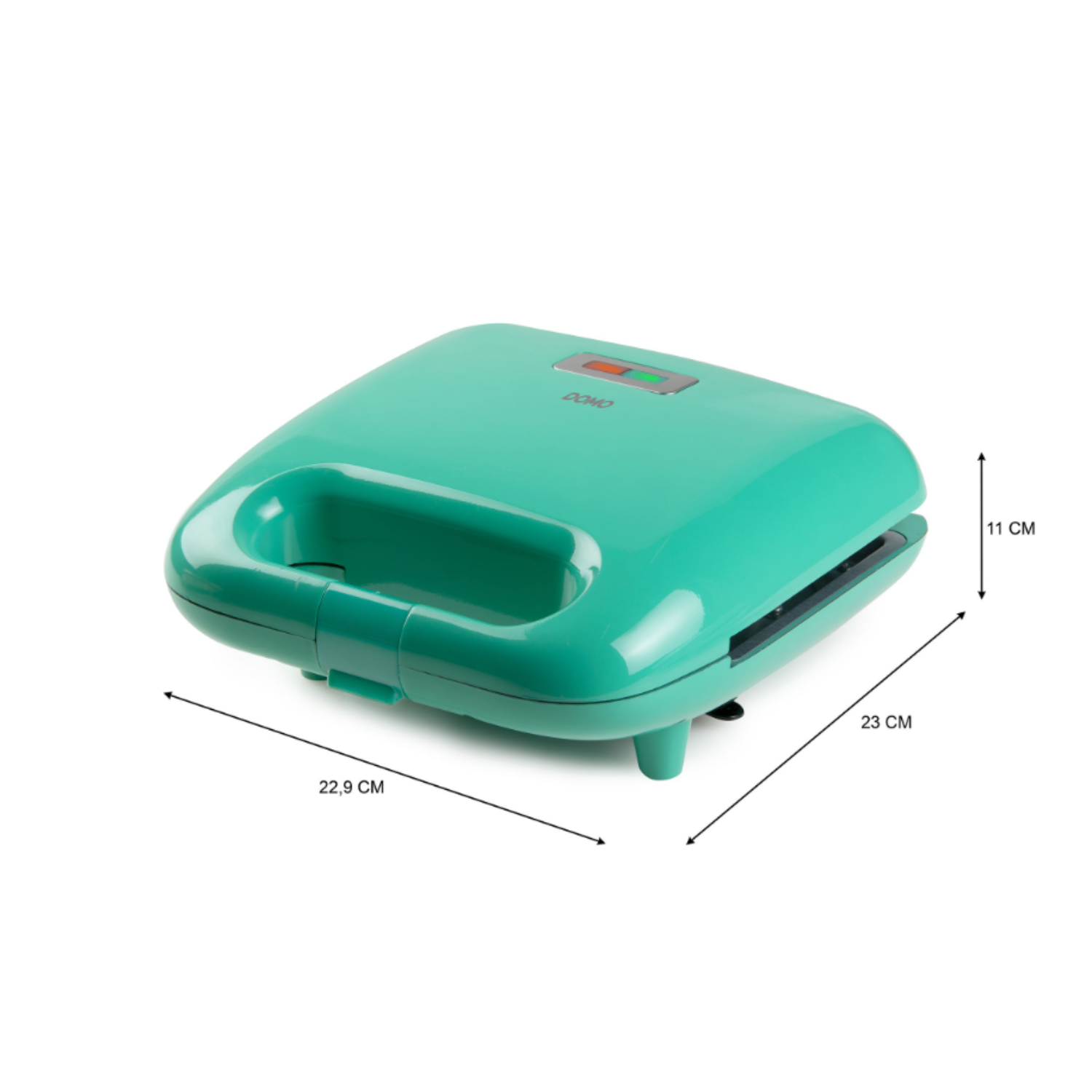 Green sandwich maker with dimensions labeled, front view, white background.