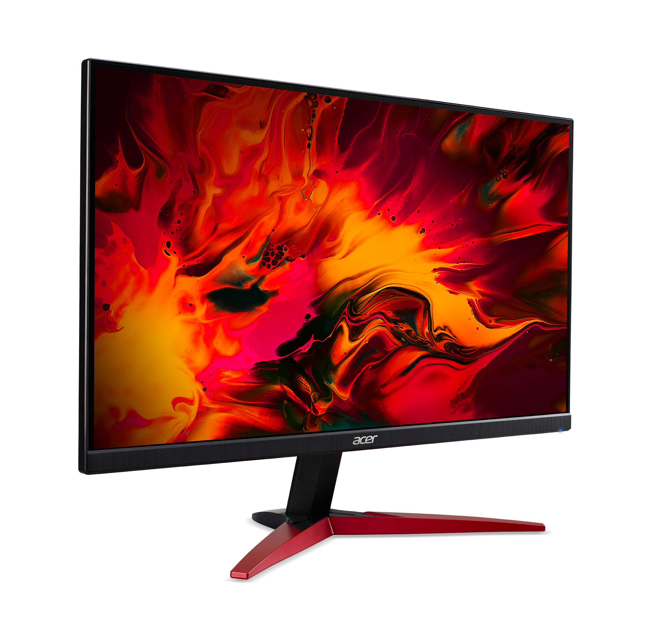 Monitor Acer gaming con base roja y pantalla roja y naranja vibrante.