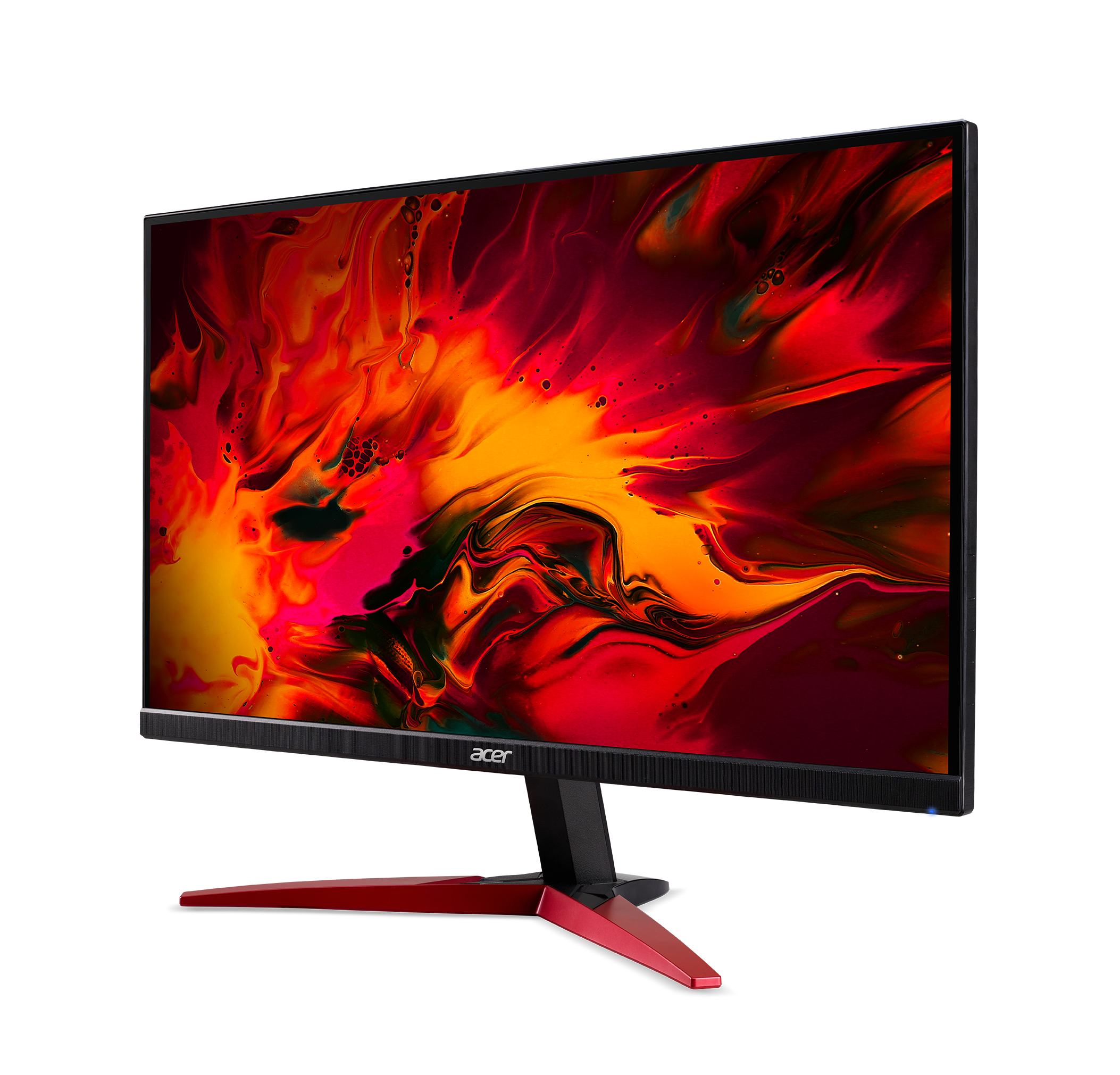 Monitor gaming Acer con soporte y marco rojo, mostrando un fondo rojo y naranja.