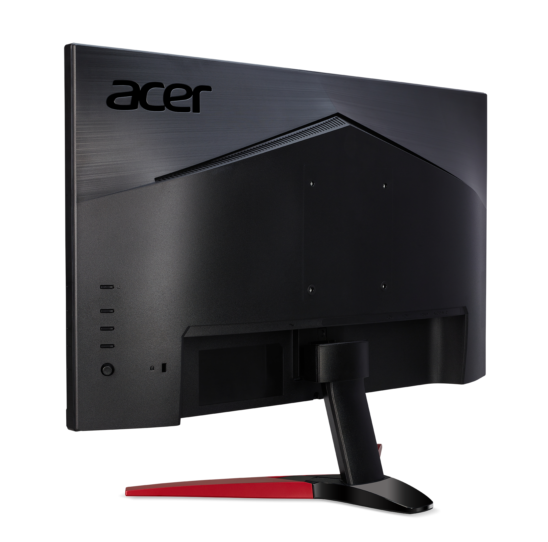 Parte trasera de un monitor Acer, negro con base roja. Logotipo de Acer.