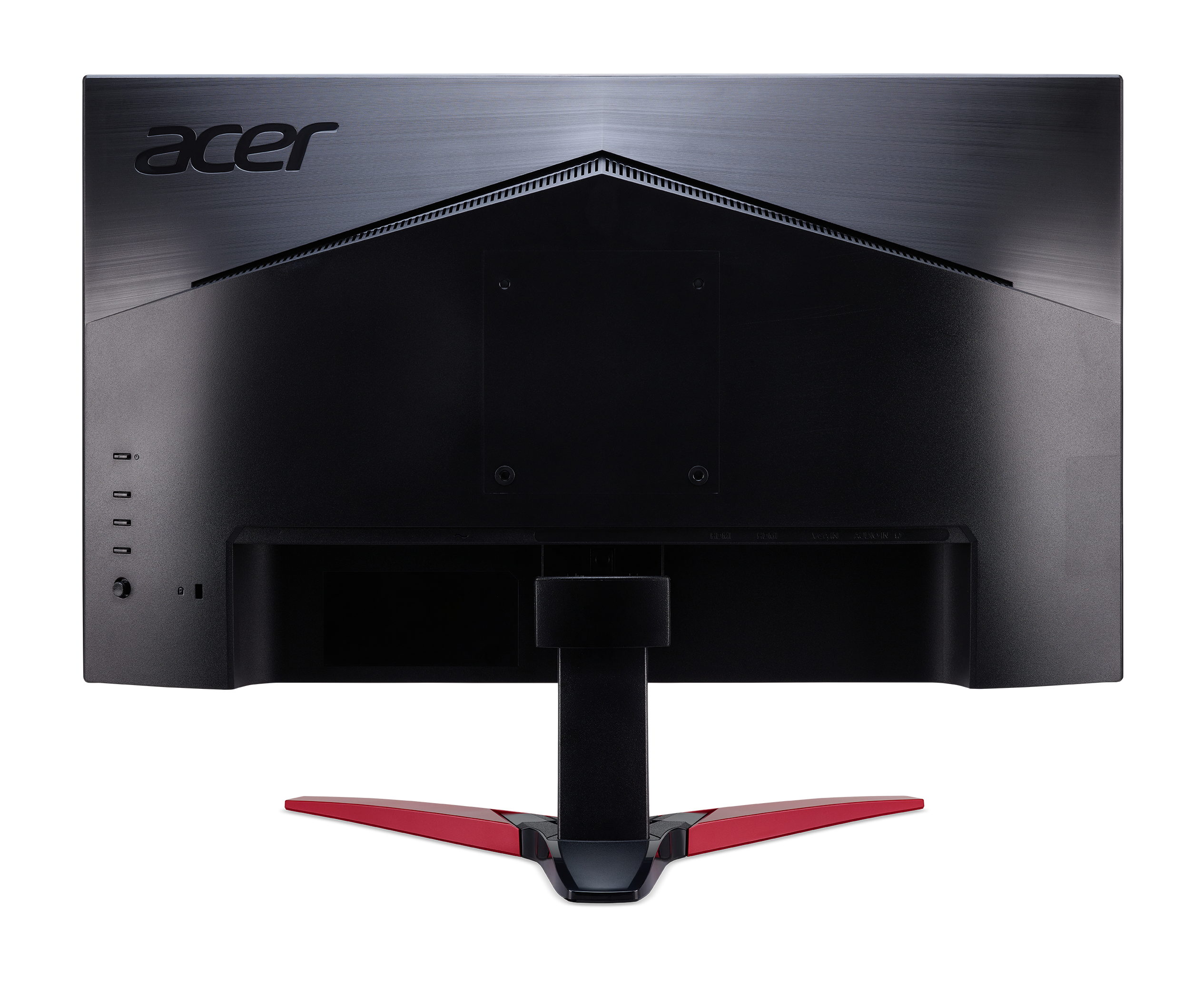 Parte trasera de un monitor Acer negro con detalles rojos, fondo negro.