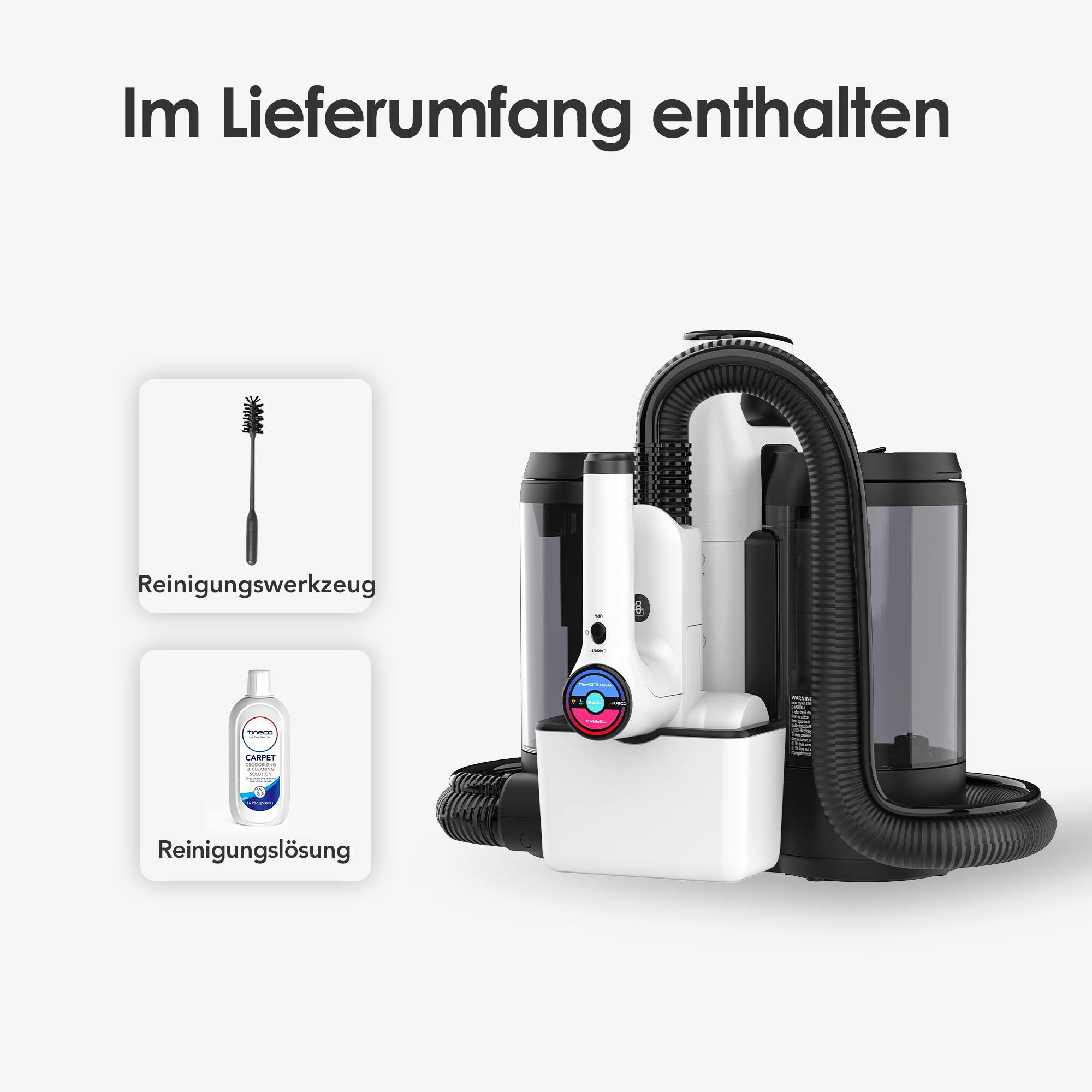 Staubsauger mit Zubehör: Bürste und Reinigungslösung.