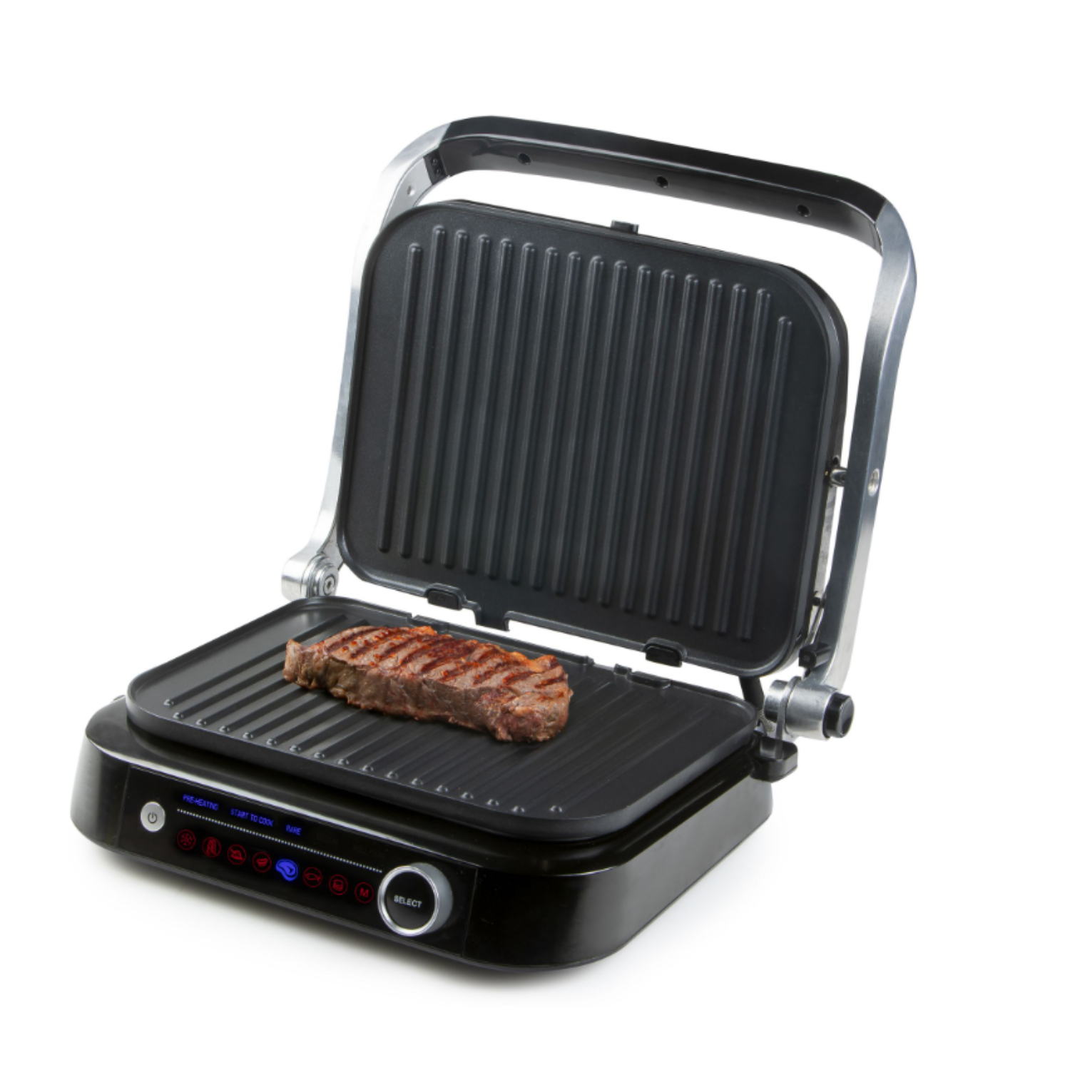 Black grill with a steak cooking on it. The grill is open.