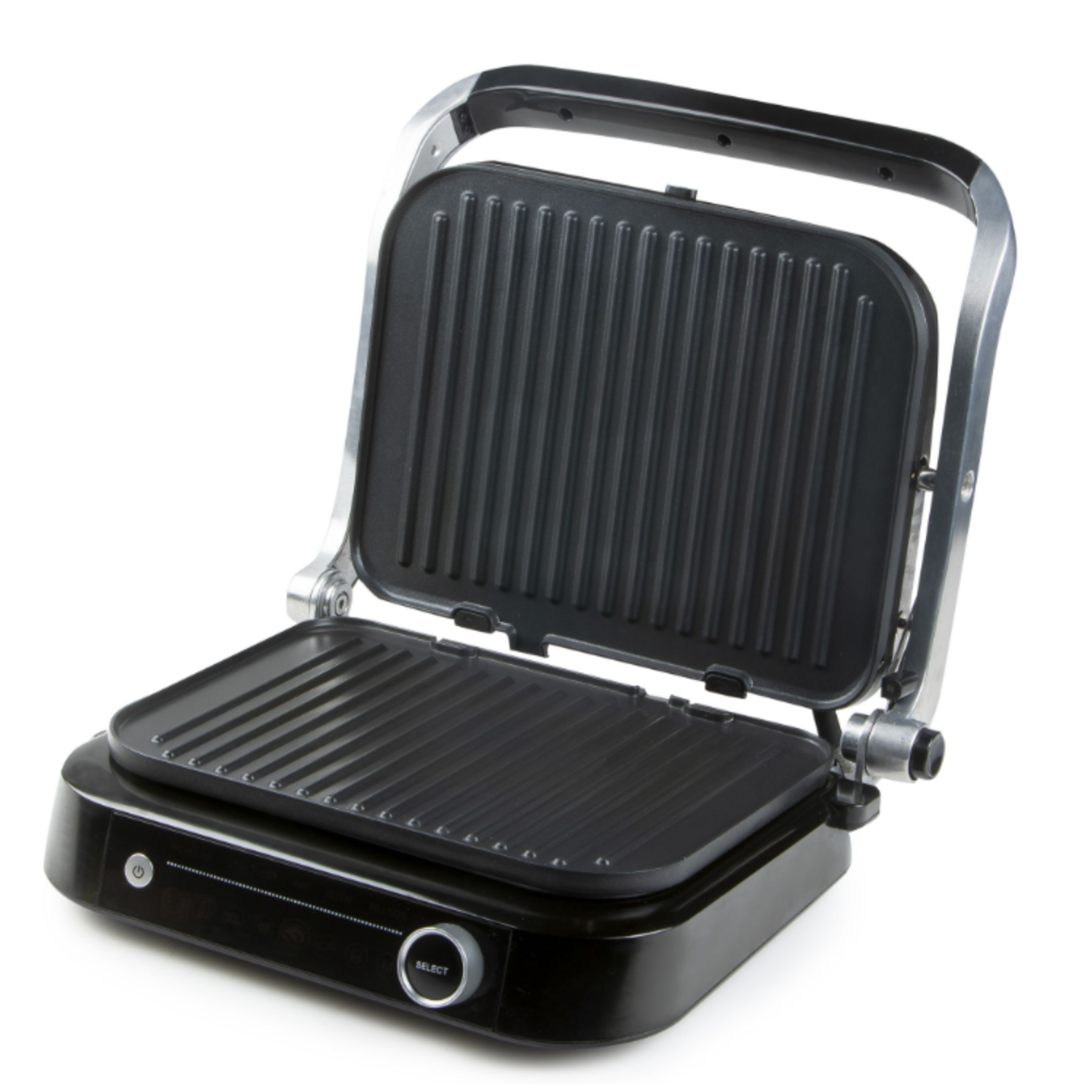 Open black grill with a handle and power button. Isolated on a white background.