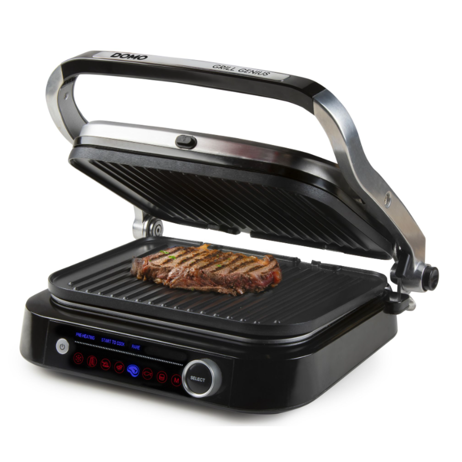 A black grill with a cooked steak. The grill is open and has controls on the front.