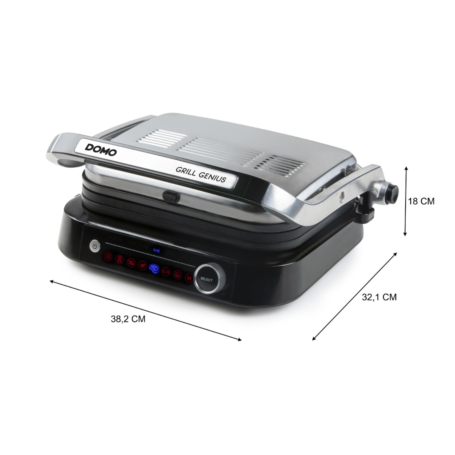 A black and silver electric grill with dimensions is shown on a white background.