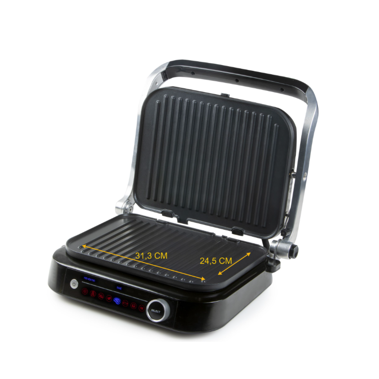 Open black grill with dimensions, buttons, and a silver handle on a white background.
