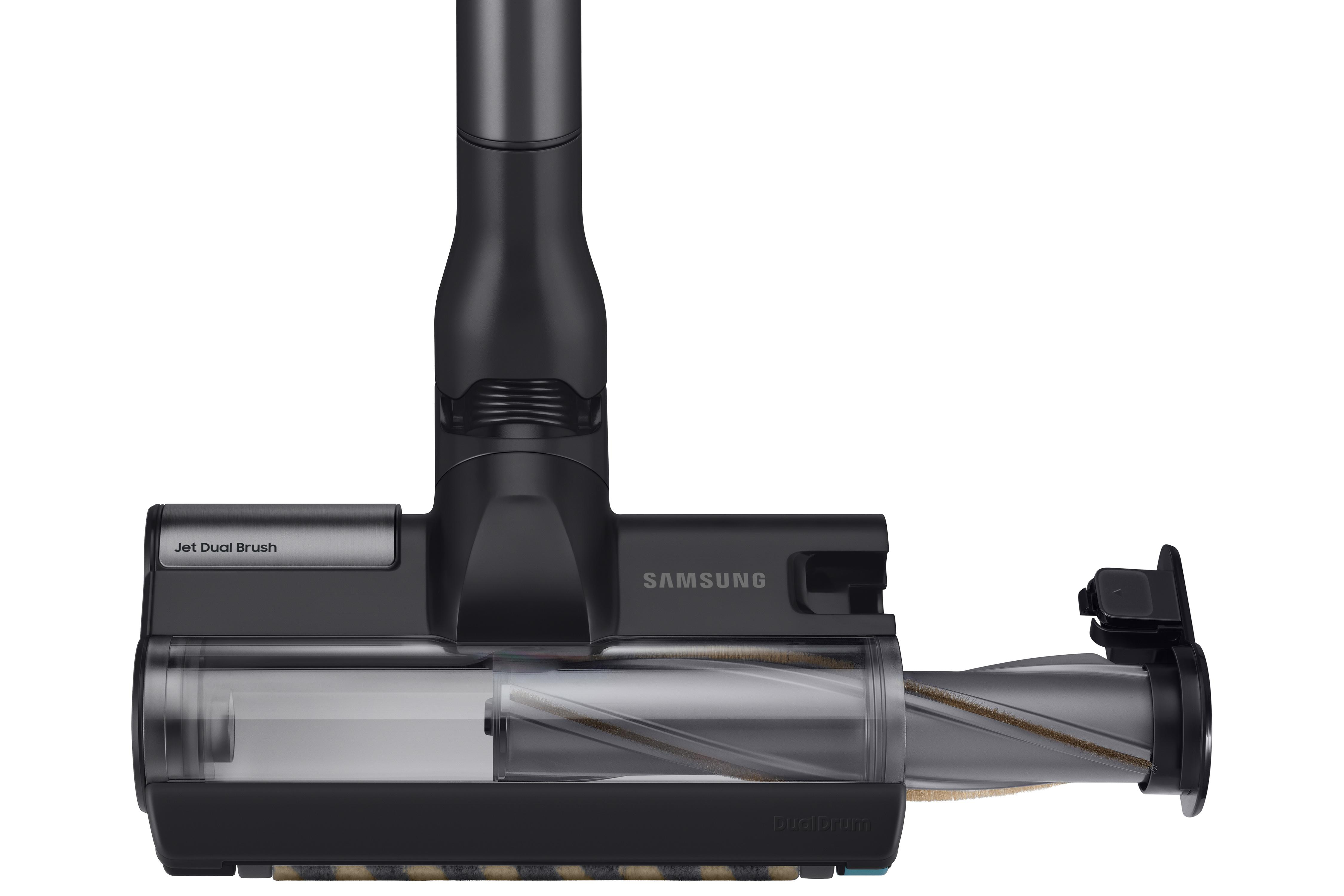 Schwarzer Samsung Jet Dual Brush Staubsaugerkopf. Die Bürste ist durch einen transparenten Bereich sichtbar.