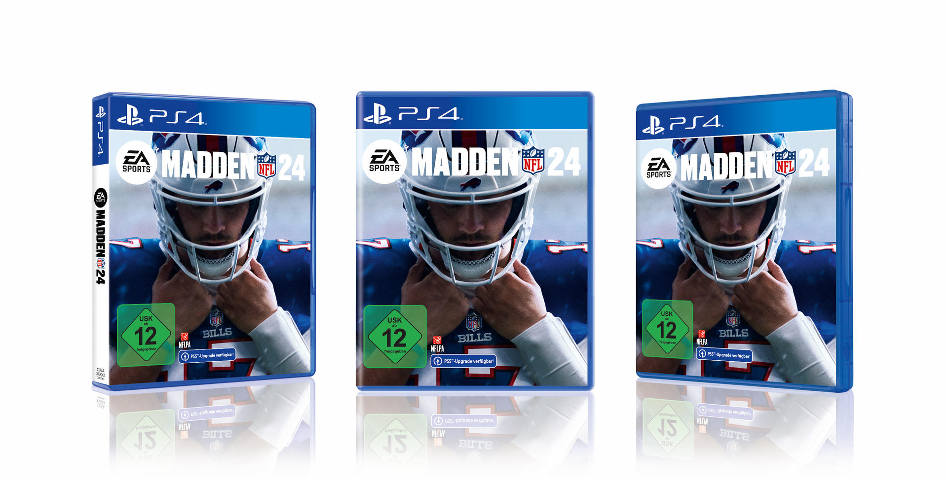 Drei Madden NFL 24 Spielhüllen. Das Cover zeigt einen Footballspieler. Die Spielhülle ist blau.