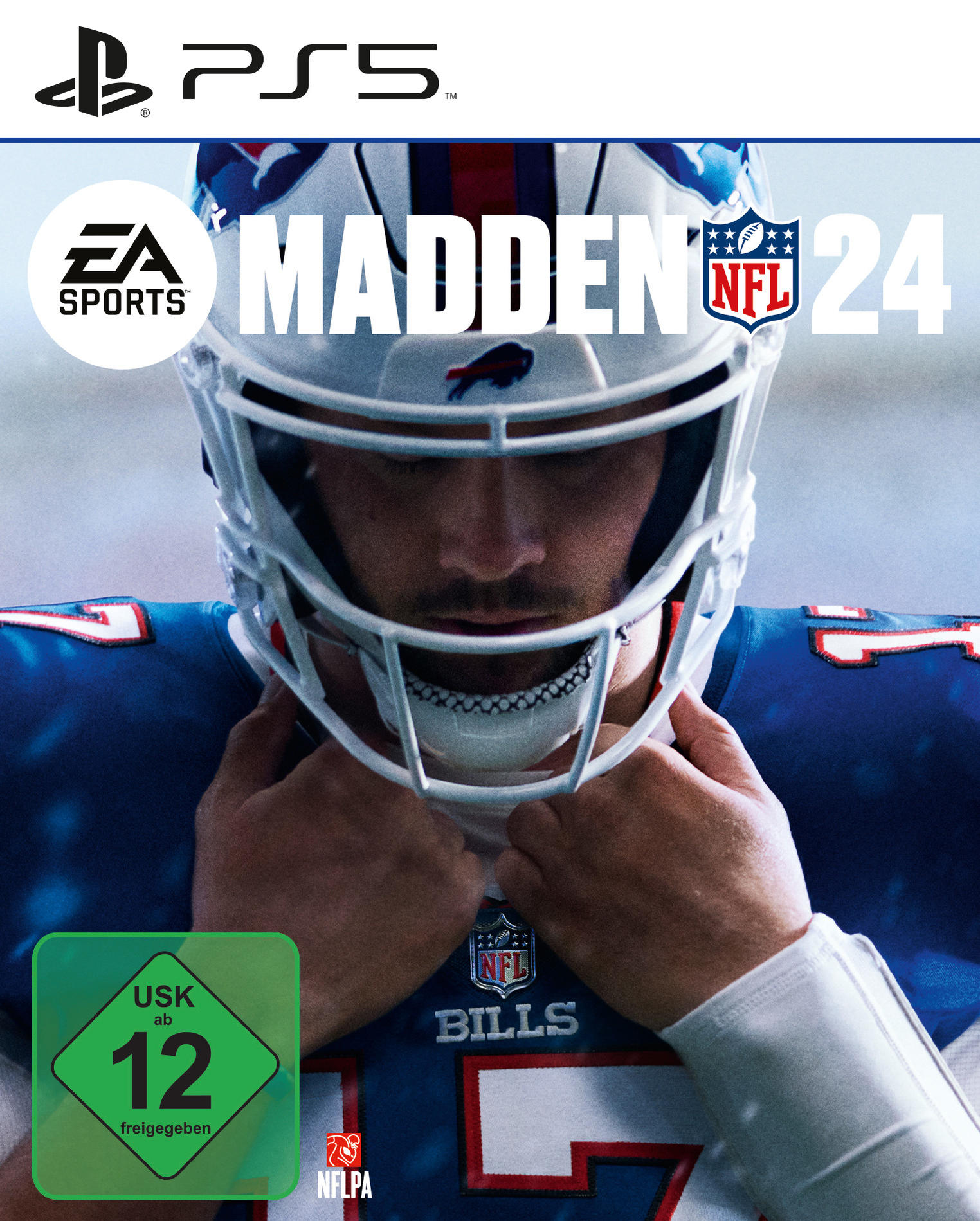 Madden NFL 24-Spielcover. Ein Footballspieler im Bills-Trikot, Kopf- und Schulteransicht.