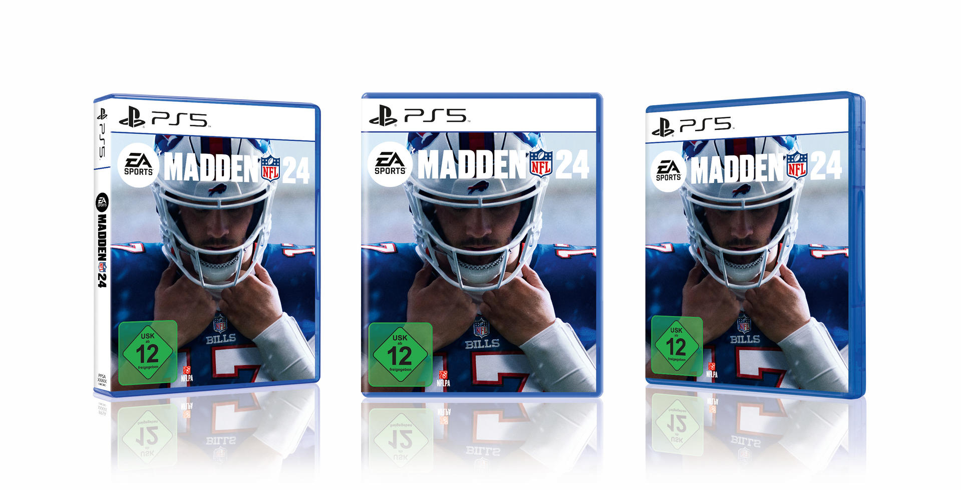 Drei PS5-Spielhüllen von Madden NFL 24, Vorderansicht, mit weißem Hintergrund.