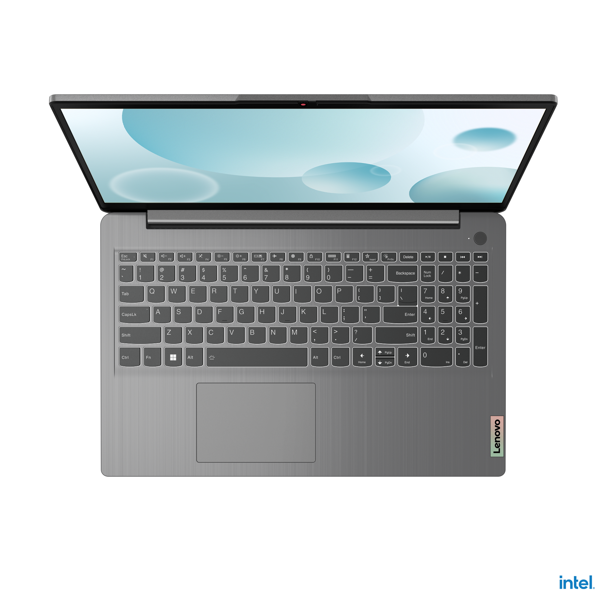 Gümüş Lenovo dizüstü bilgisayar, açık, mavi tasarımlı klavye ve ekranı gösteriyor.