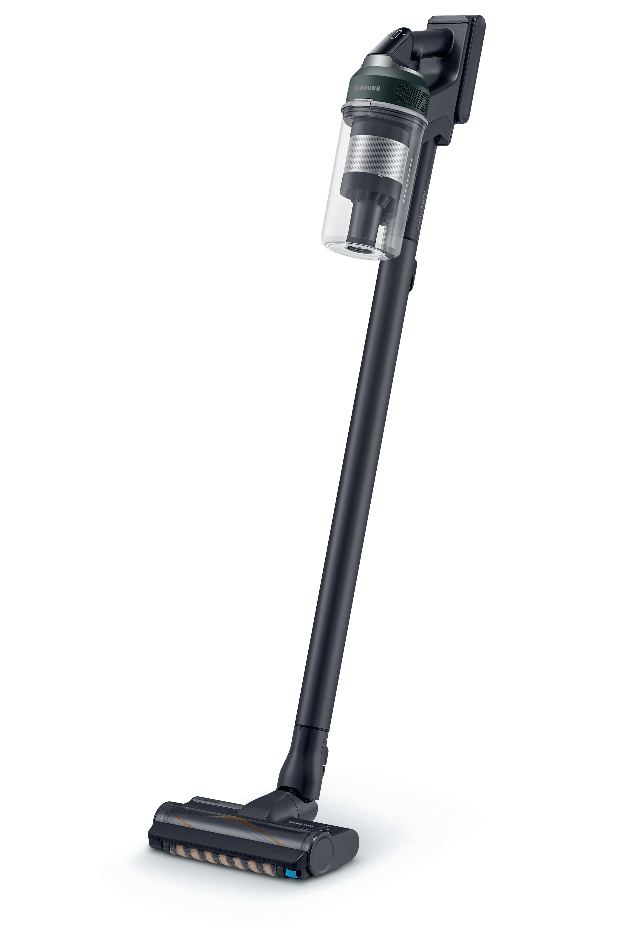 Ein schnurloser Staubsauger in Schwarz und Silber mit langem Griff und Reinigungskopf.