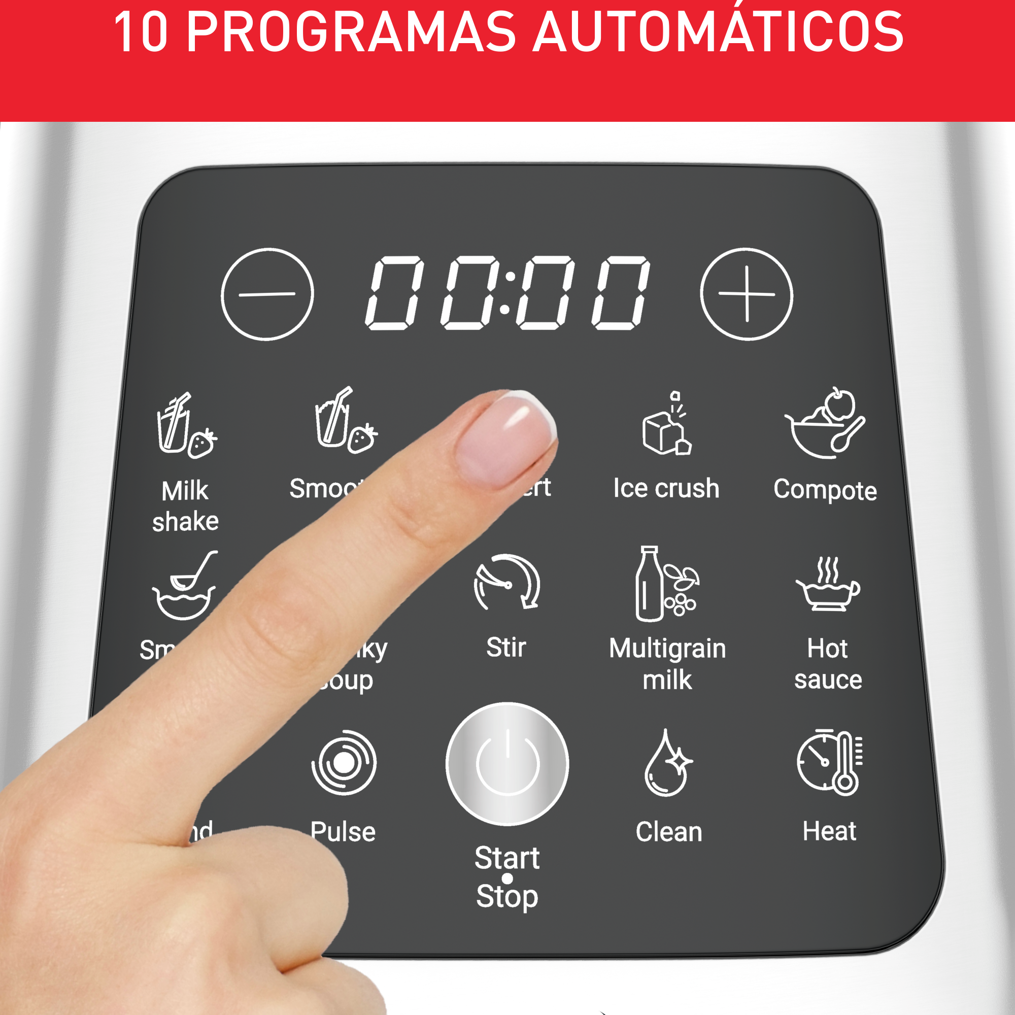 Un panel de control de licuadora con botones táctiles. Un dedo toca el botón 'start/stop'.