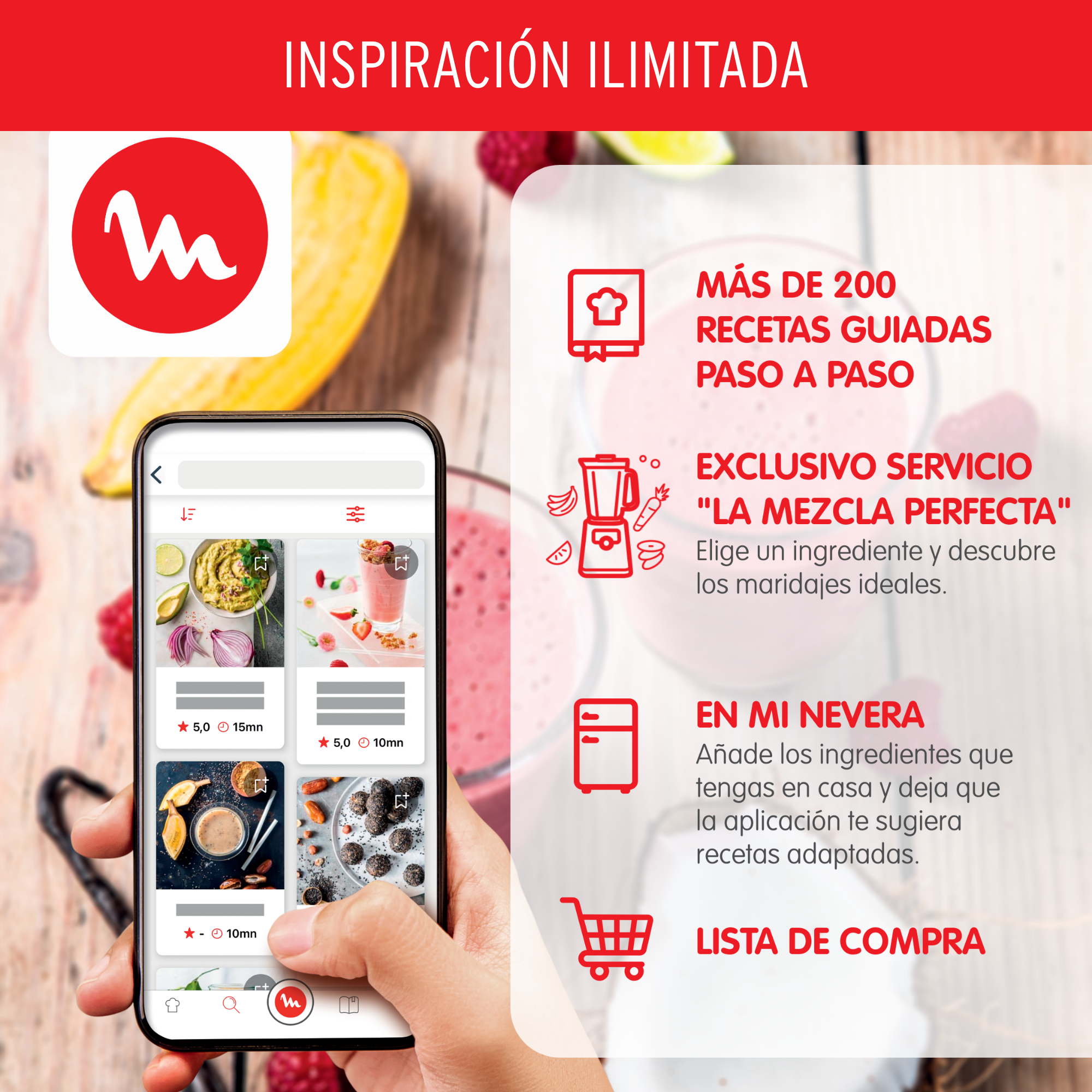 Aplicación de smartphone que muestra recetas y lista de compras en español.