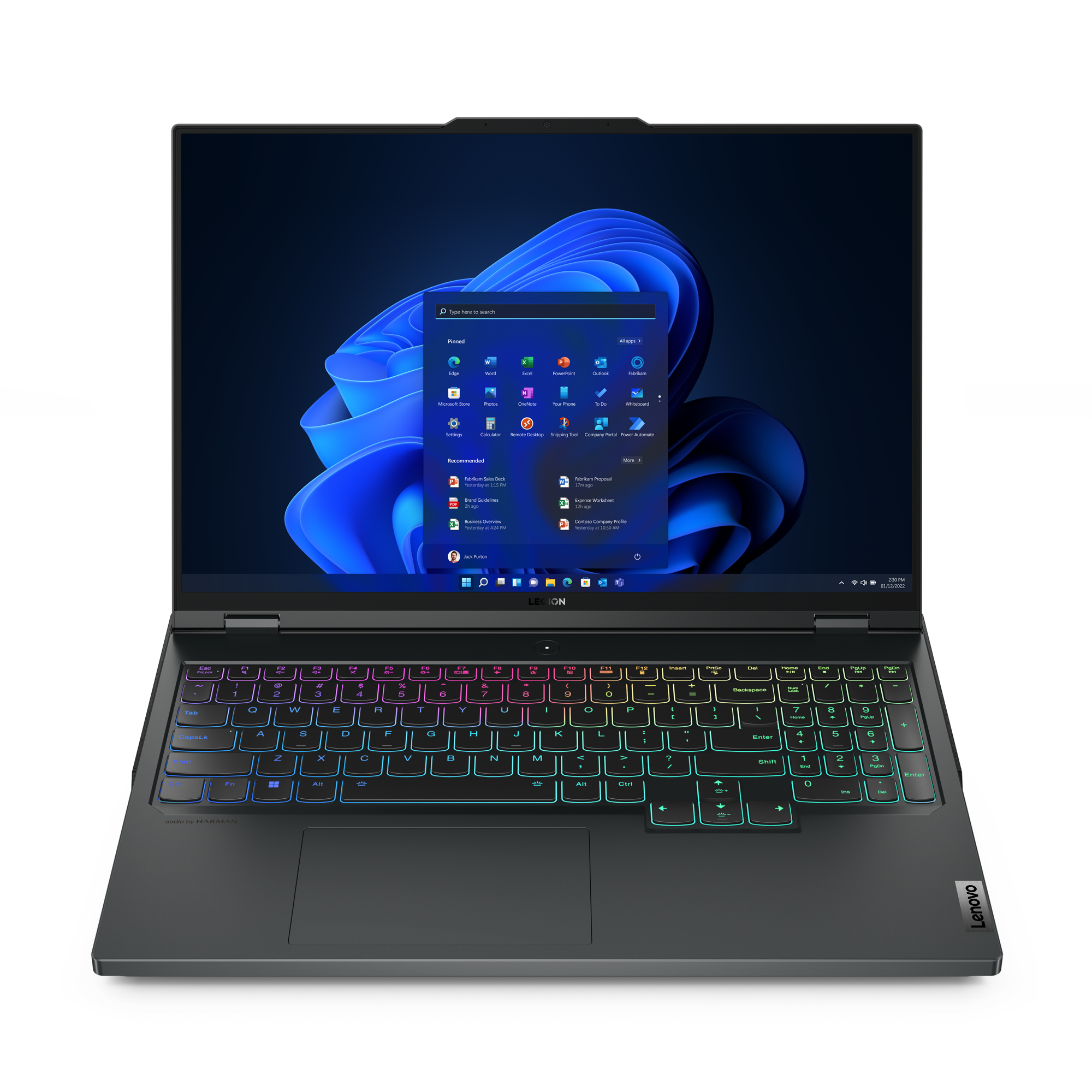 Renkli bir klavyeye ve ekranda Windows 11 arayüzüne sahip siyah dizüstü bilgisayar.