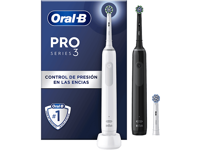 Cepillo eléctrico  Oral-B Pro 3 3900, Pack de Dos Cepillos eléctricos, 3  Cabezales, Diseñados Por Braun, Negro y blanco