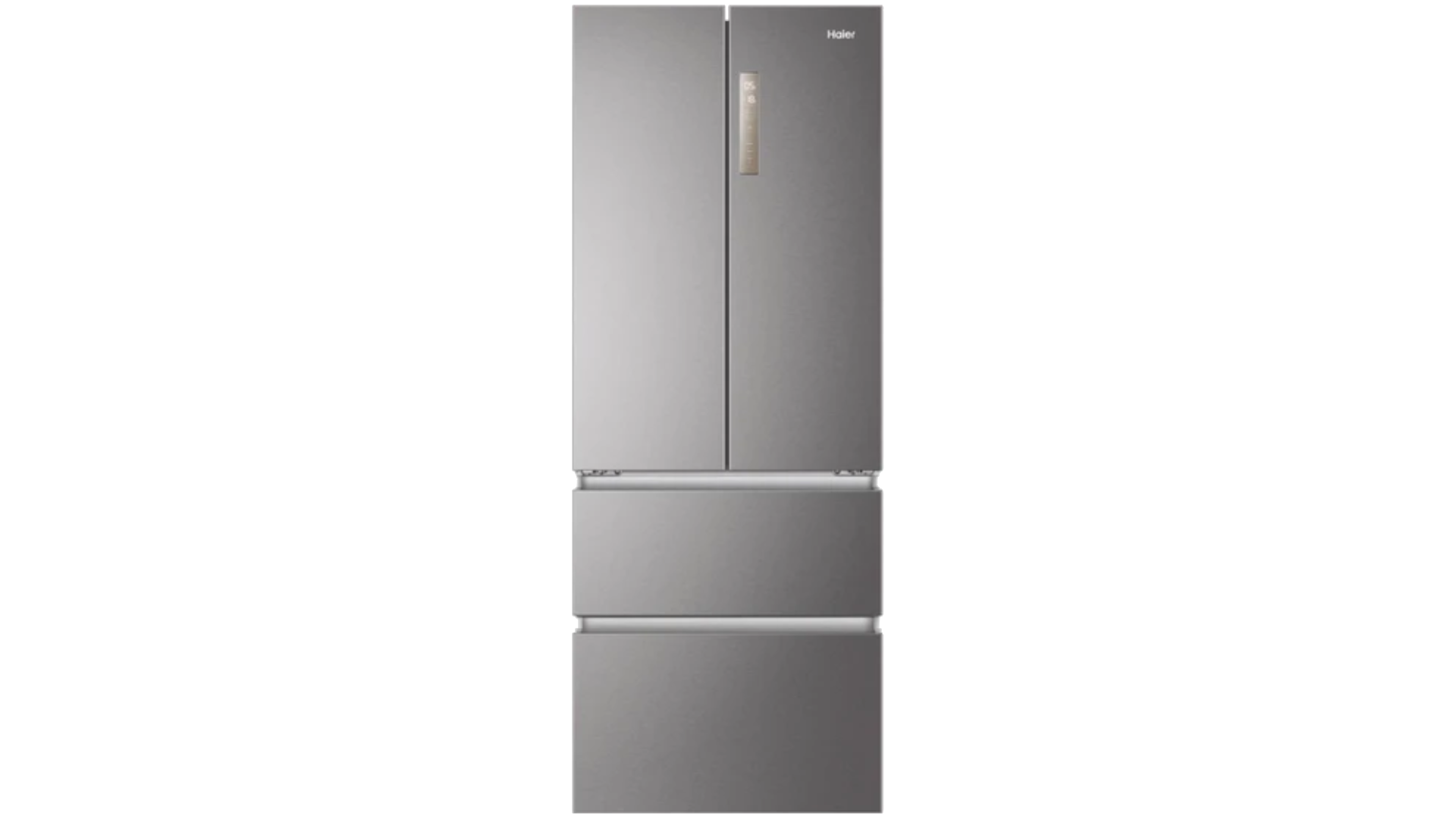Gümüş Haier buzdolabı, üç kapılı, iki dondurucu çekmeceli, siyah arka plan üzerinde.