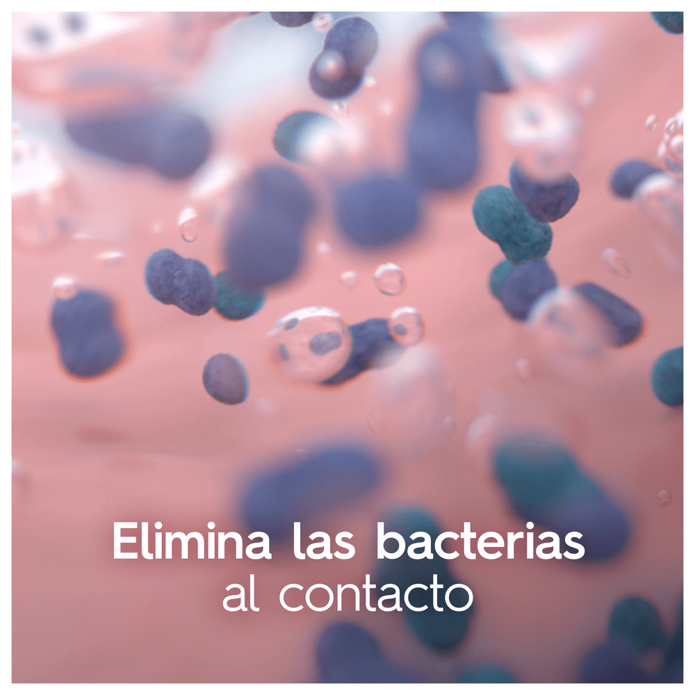 Imagen abstracta de bacterias flotando sobre una superficie rosa, con texto: Elimina las bacterias al contacto.