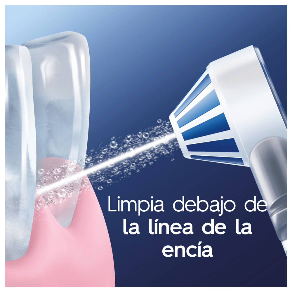 El hilo dental limpia entre los dientes con spray de agua. Texto: Limpia debajo de la línea de la encía.