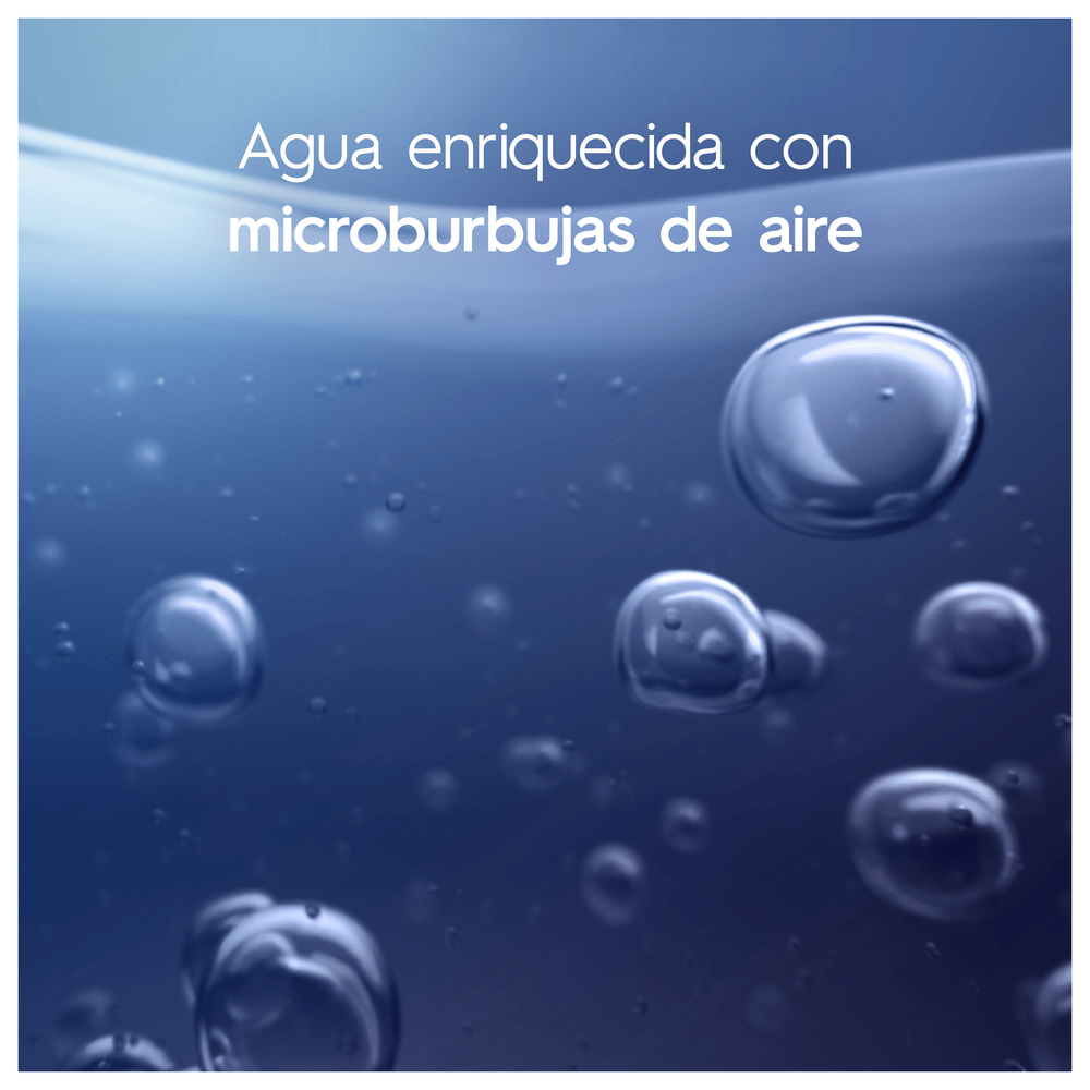 Burbujas en agua azul con texto 'Agua enriquecida con microburbujas de aire'.