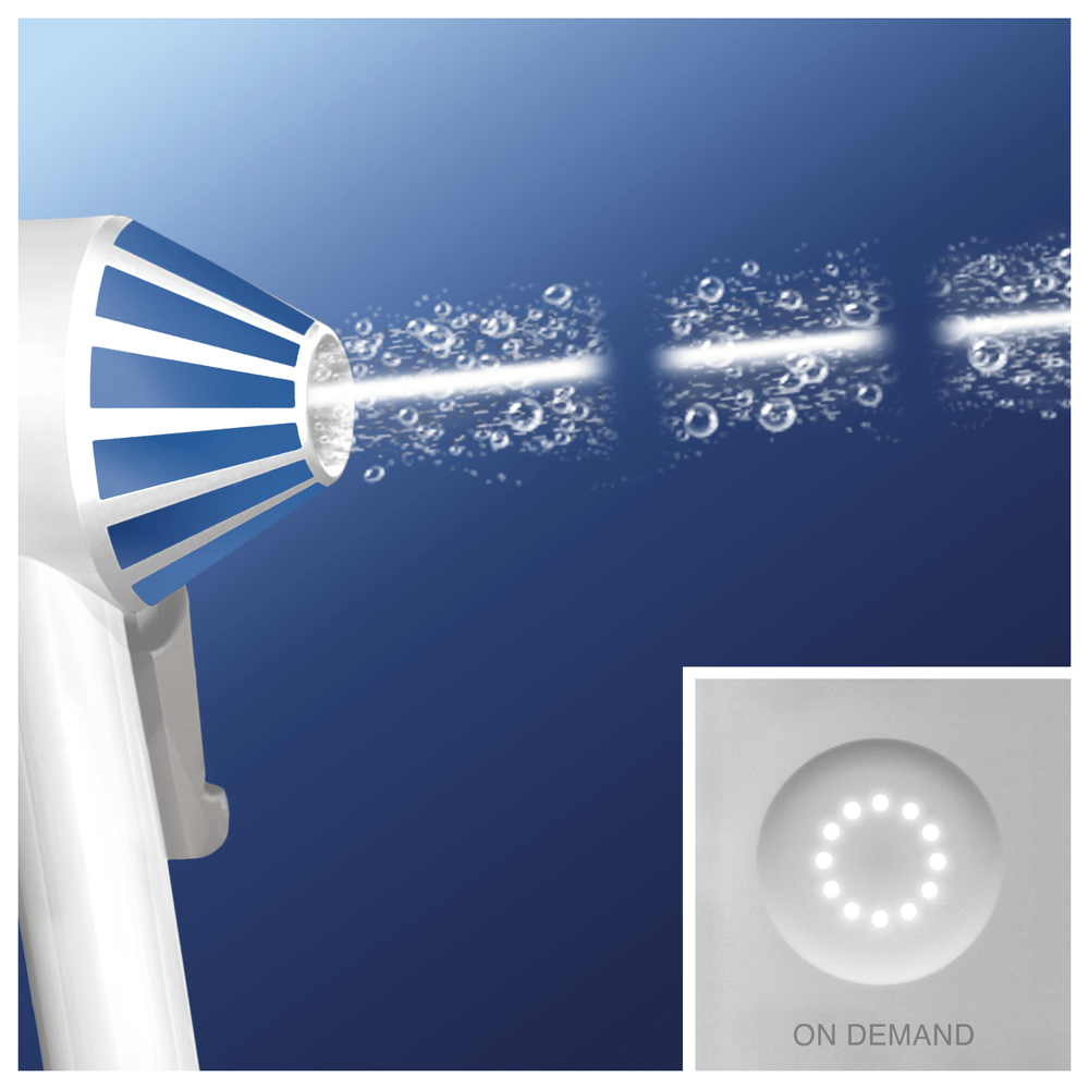 Un dispositivo de belleza blanco que emite agua. Un círculo con luces está en la esquina inferior derecha.