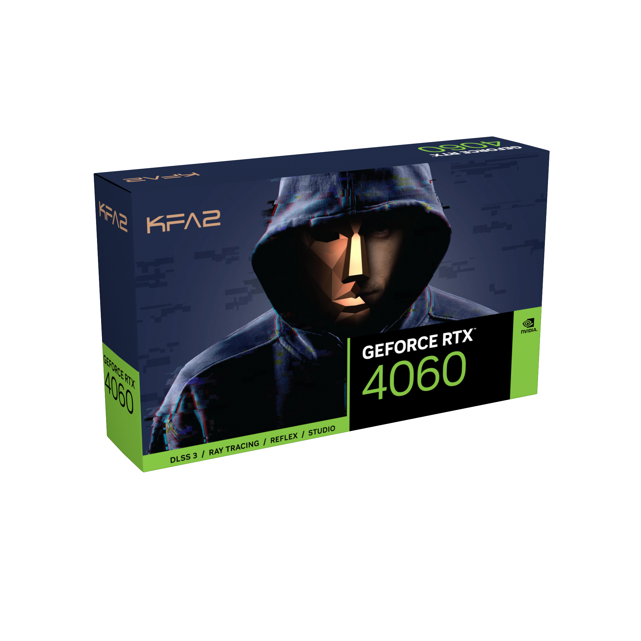 Eine KFA2 GeForce RTX 4060 Grafikkarte. Die Box zeigt eine Person mit Kapuze.