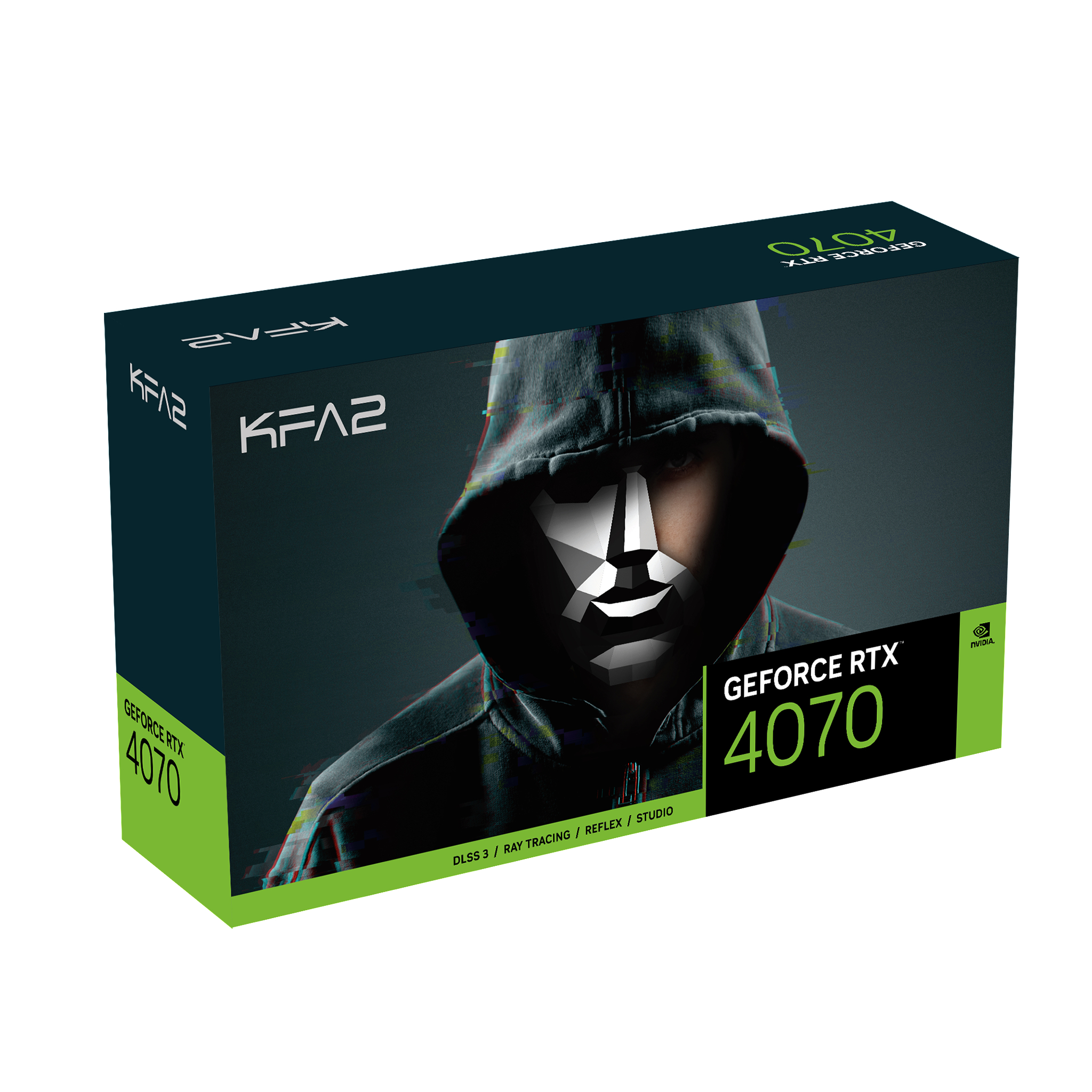 KFA2 GeForce RTX 4070 Grafikkarte Box mit einem Kapuzenfigurenbild.
